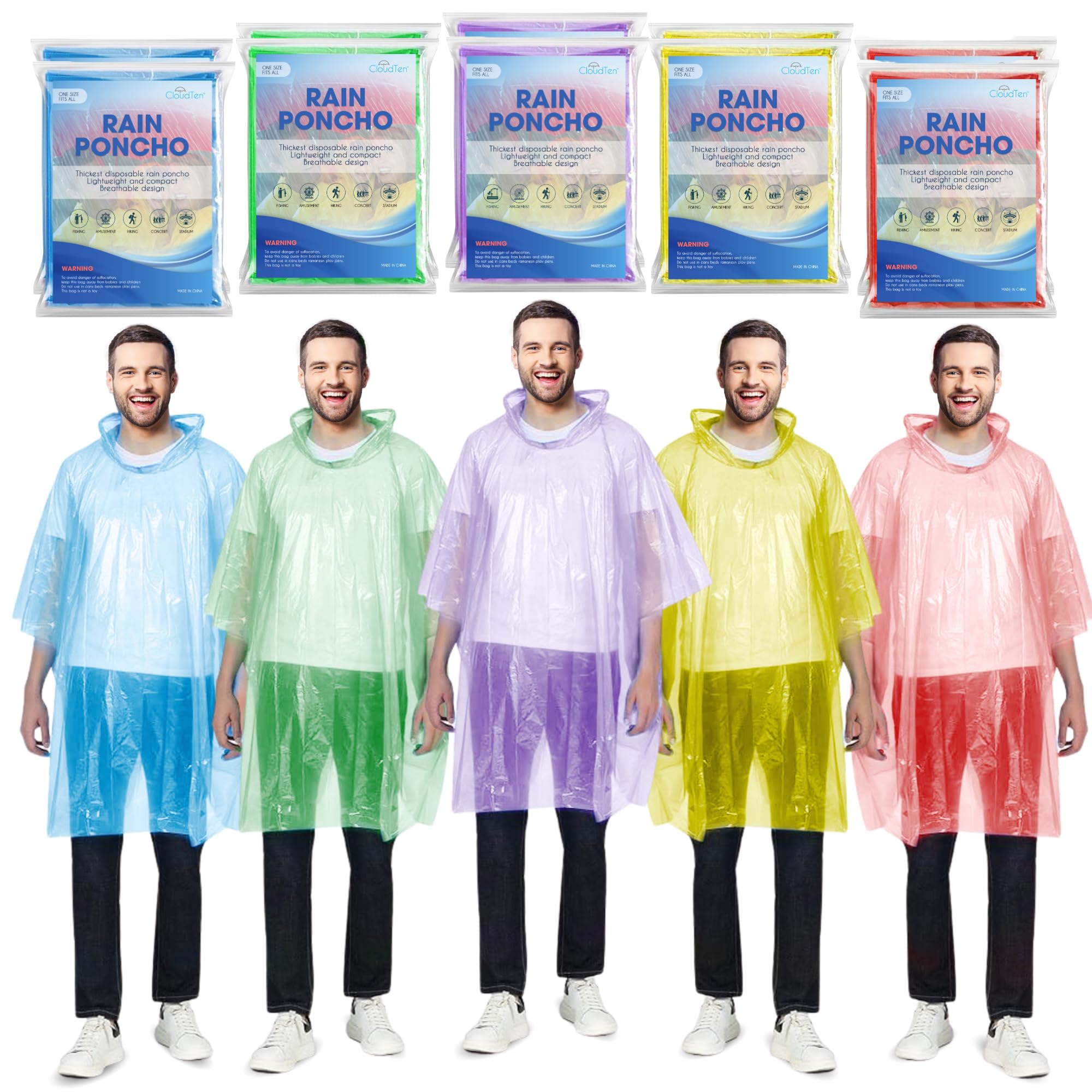 CloudTen Compact and Disposable Rain Ponchos for Men and Women (Multi Color (10 Packs))