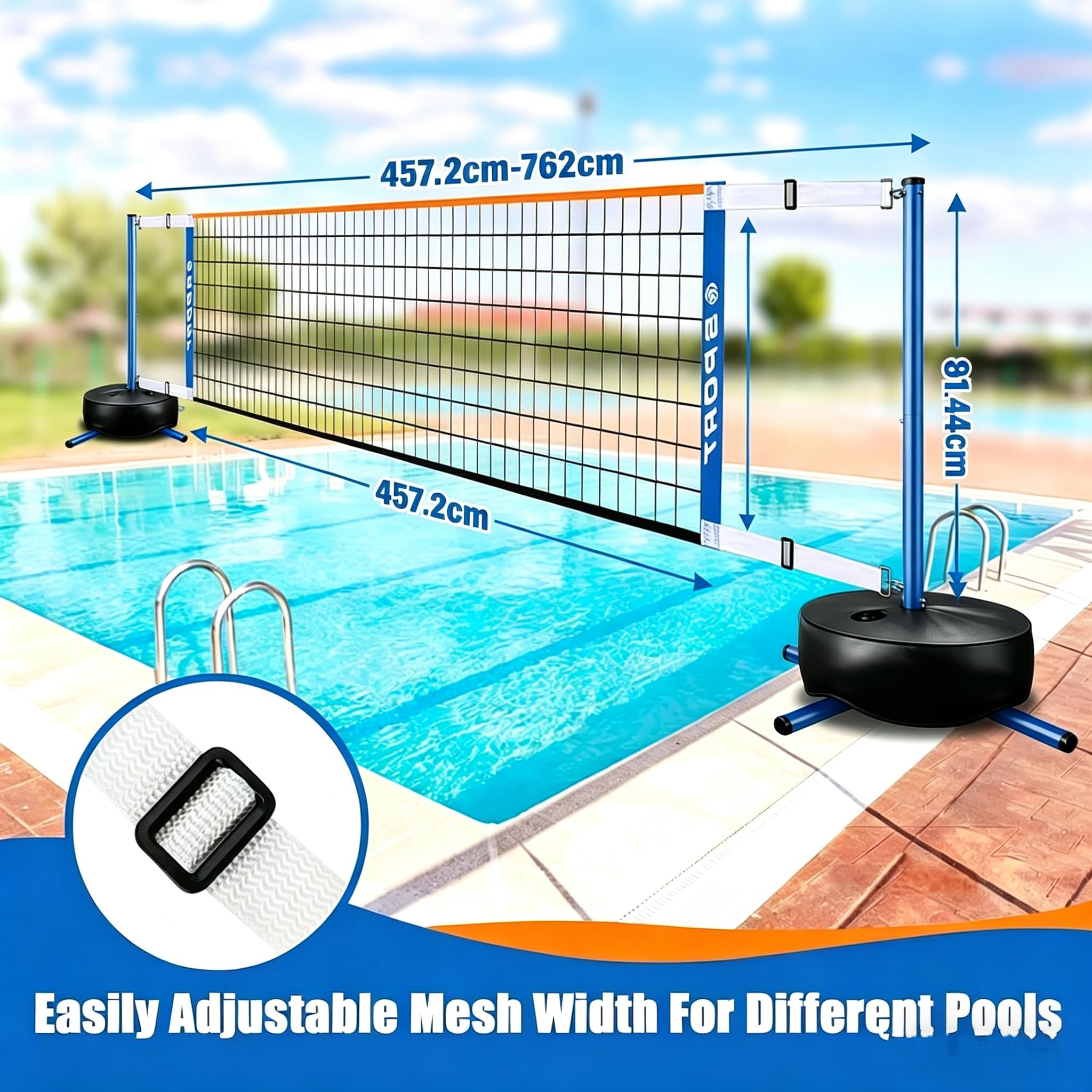 Système de Filet de Volley-Ball de Piscine Portable – Longueur réglable de 4,5 m à 7,6 m, avec Un Socle lesté et 2 Ballons de Volley-Ball Aquatique | pour Une Utilisation en intérieur et en extérieur
