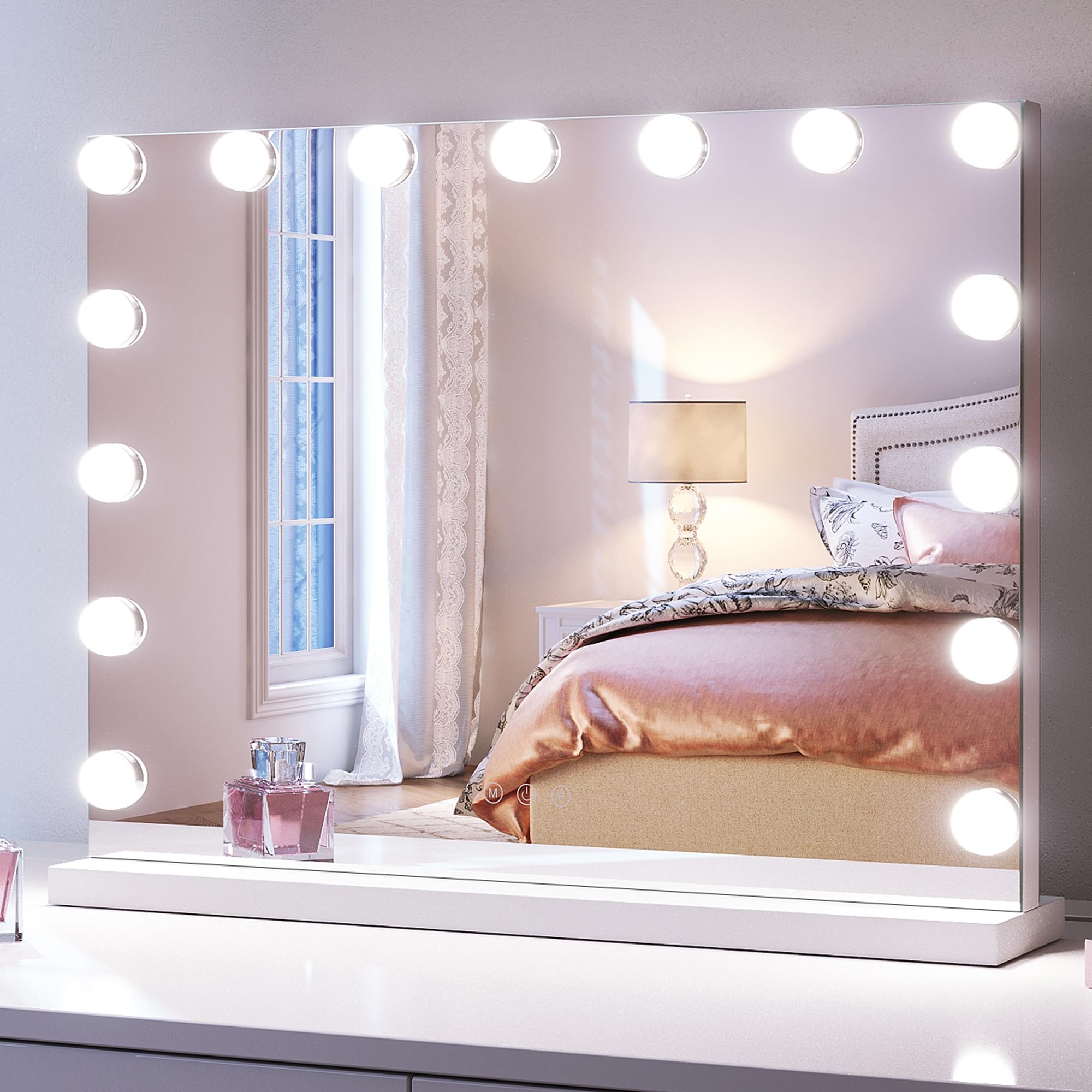 SONNI, Hollywood - Specchio da trucco, 58 x 46 cm, con 3 temperature di colore, 15 lampadine a LED, specchio grande con controllo touch e funzione di memoria della luminosità