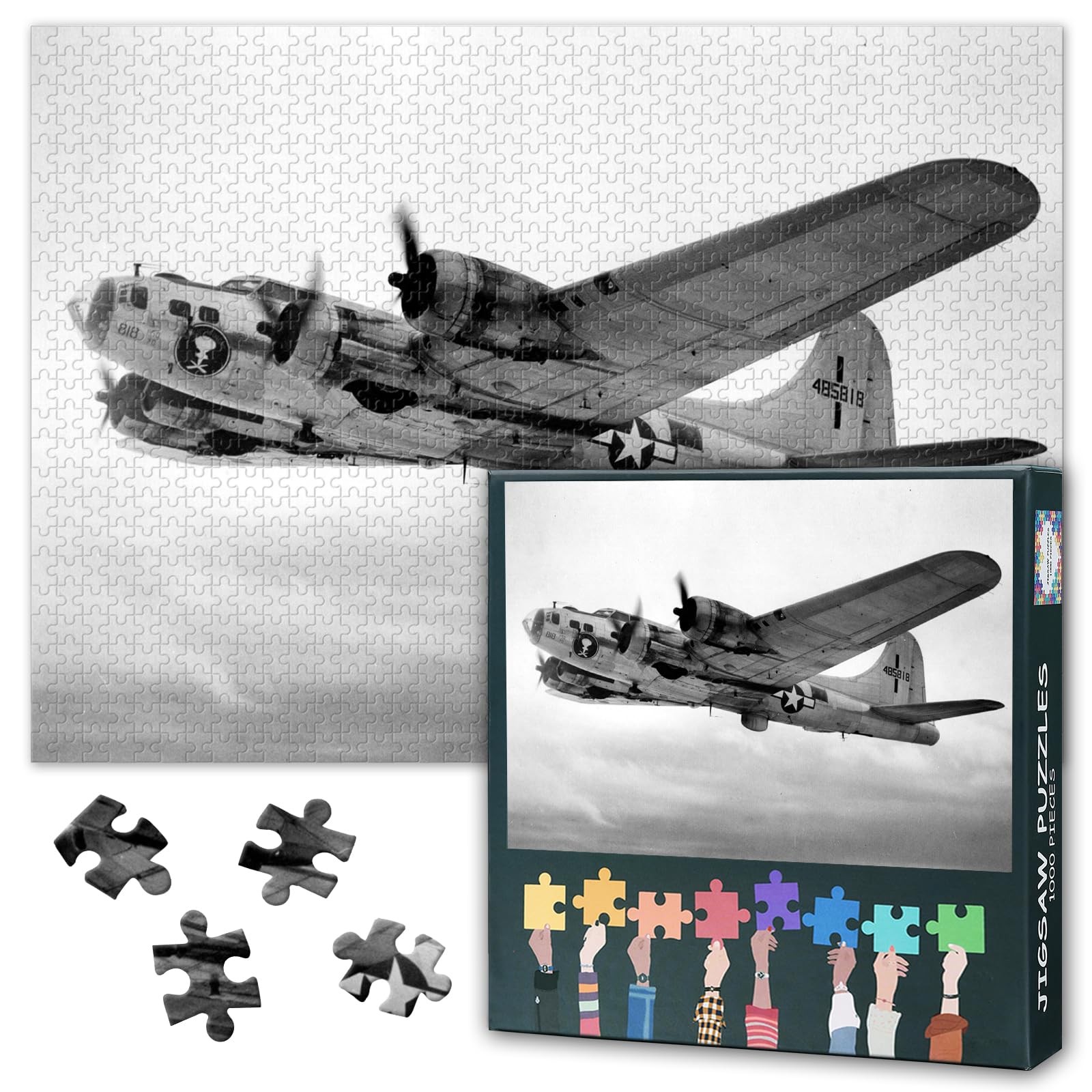 1000 Piece Jigsaw Puzzle for Adults B17 Flying Fortress WWII Bomber Black and White USAAF Poster Vintage Military Aircraft Art Challenging Puzzle Gift 27.5 x 19.7 Inches — image 1