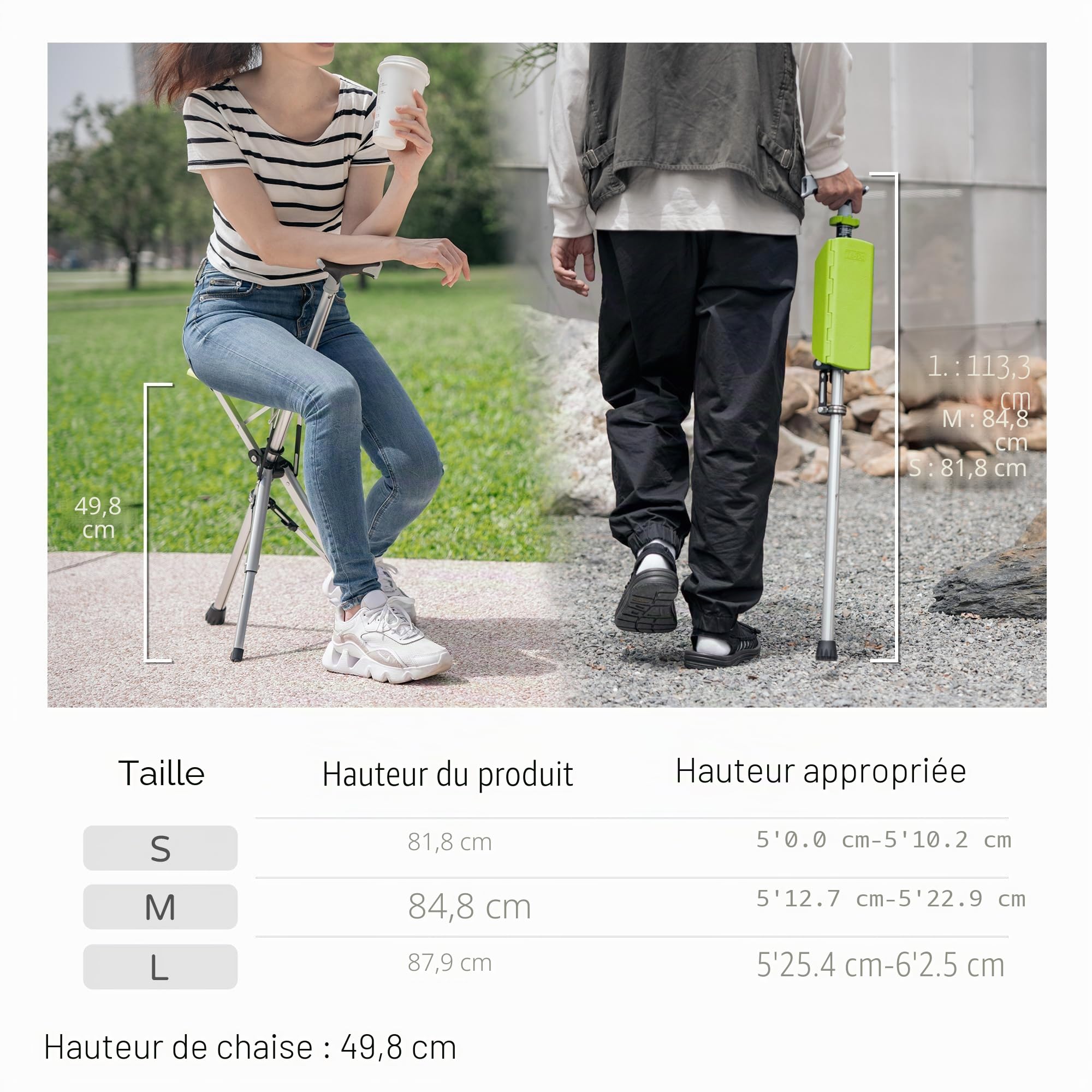 STEP2GOLD Ta-Da Chair - Canne de Marche avec siège, Cadre en Aluminium Ultra-léger et Tabouret Pliable Robuste (jusqu'à 110 kg), Design Pliable, idéal pour Les Voyages et Les visites touristiques