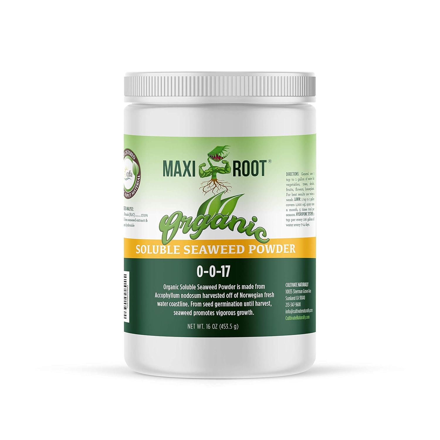 Organic Soluble Seaweed Powder 0-0-17, CDFA OMI Registered (1 LB) for Lawns, Vegetable Gardens, Shrubs and Trees