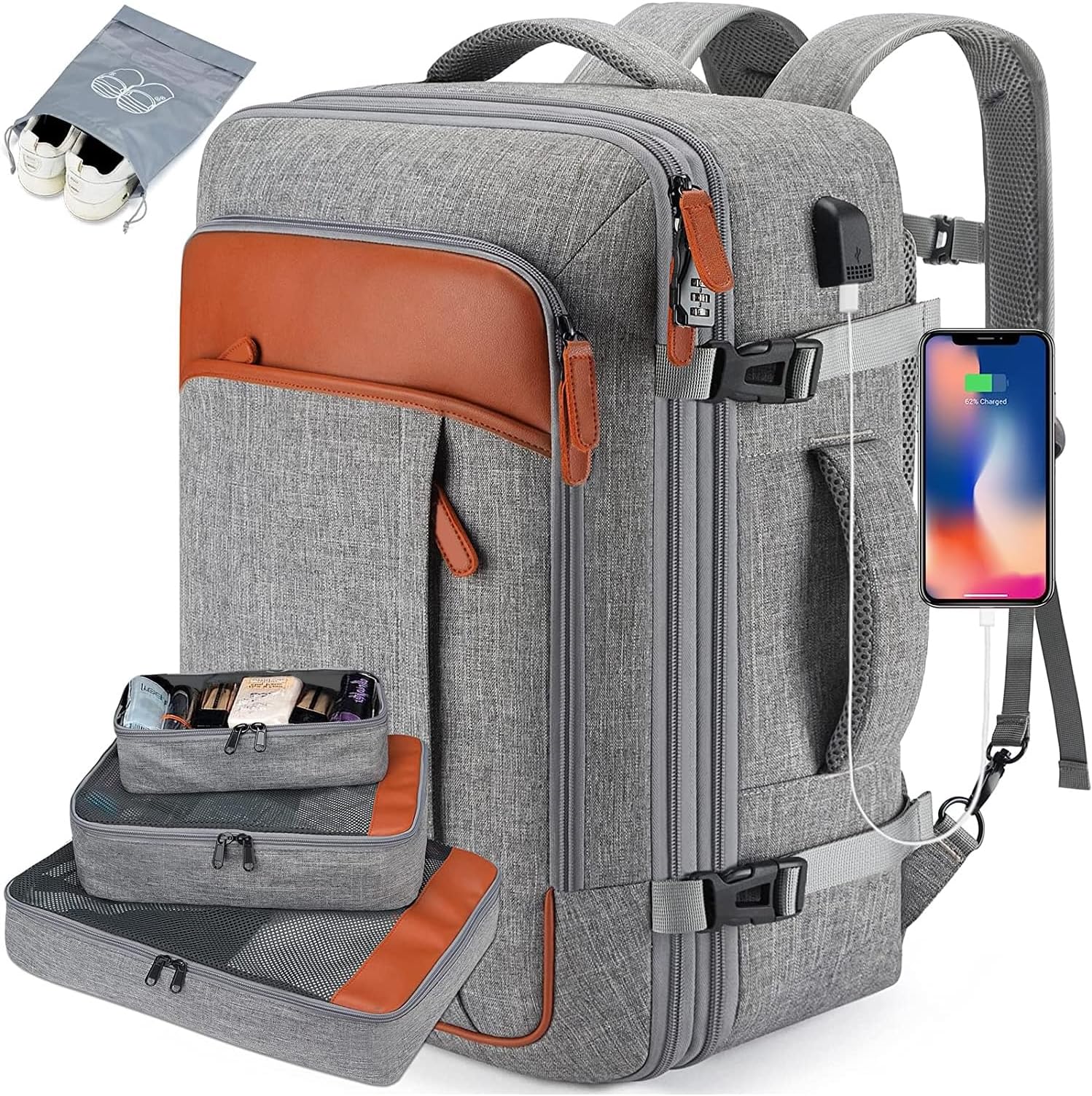 Carry on Backpack, Extra Large 40L Flight Approved Travel Backpack for Men & Women,Expandable Large Suitcase Backpacks With 4 Packing Cubes,Water Resistant Luggage Daypack Business Weekender Bag, Grey