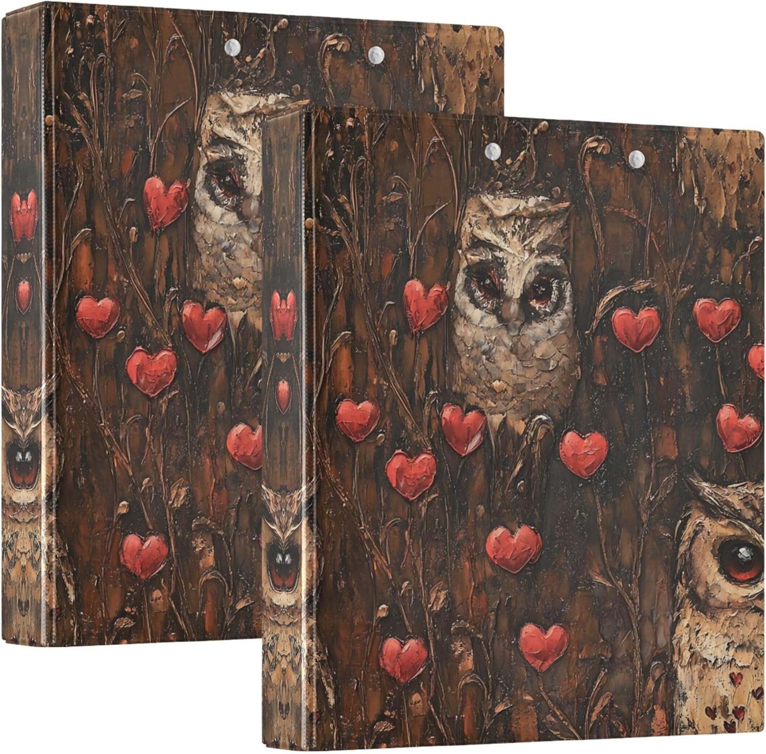 Retro Valentine's Day Owl 3 Ring Binders, 1.5” Round Ring Binders with Clipboard - Letter Size, 3 Interior PVC Clear Pockets & Anti-Slip Clip for Office School Supplies, 2PCS