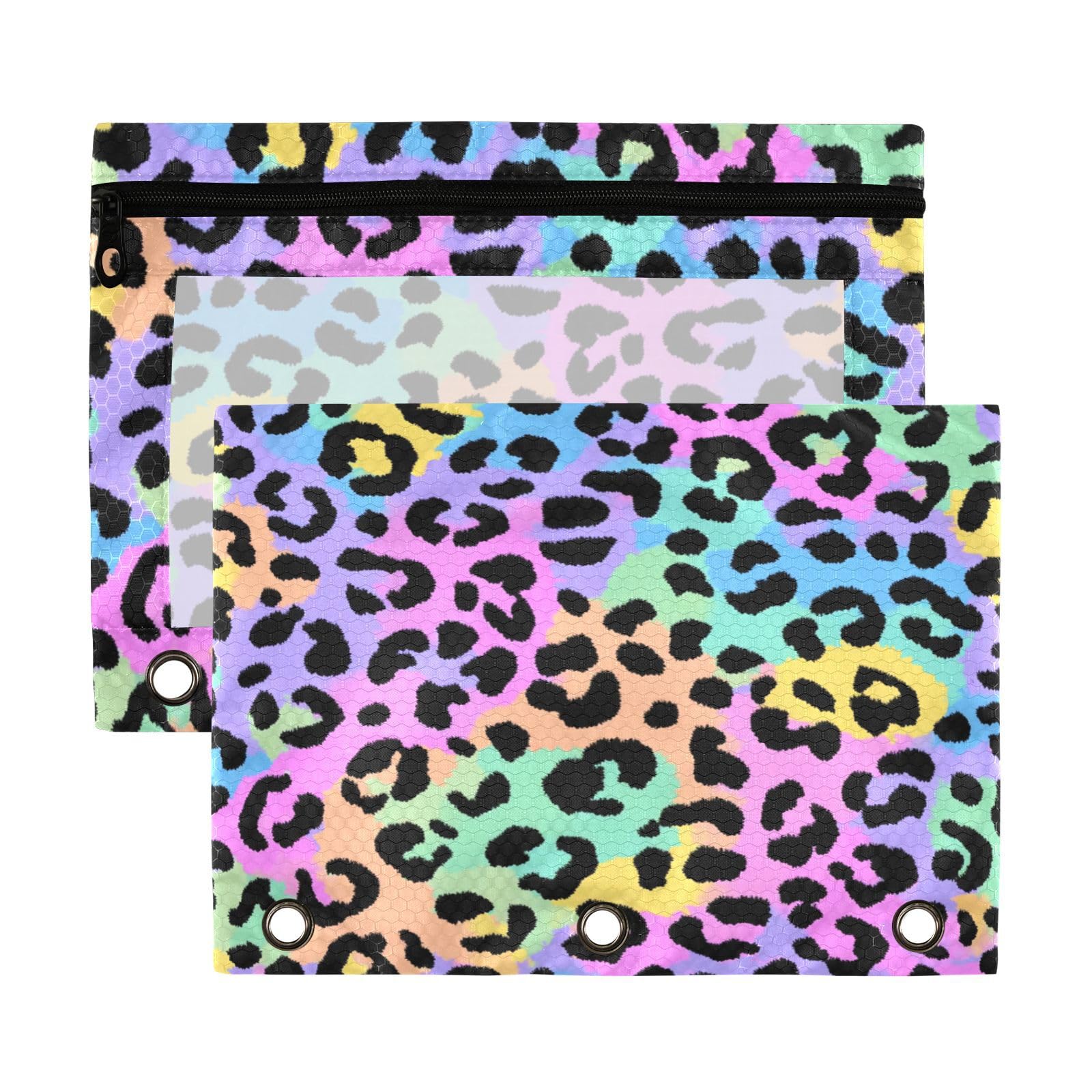 Kcldeci Pencil Pouch for 3 Ring Binder, Leopard Print Cute Cheetah Spots 2 Pack Binder Pencil Pouch with Clear Window Pencil Bags with Zipper Pencil