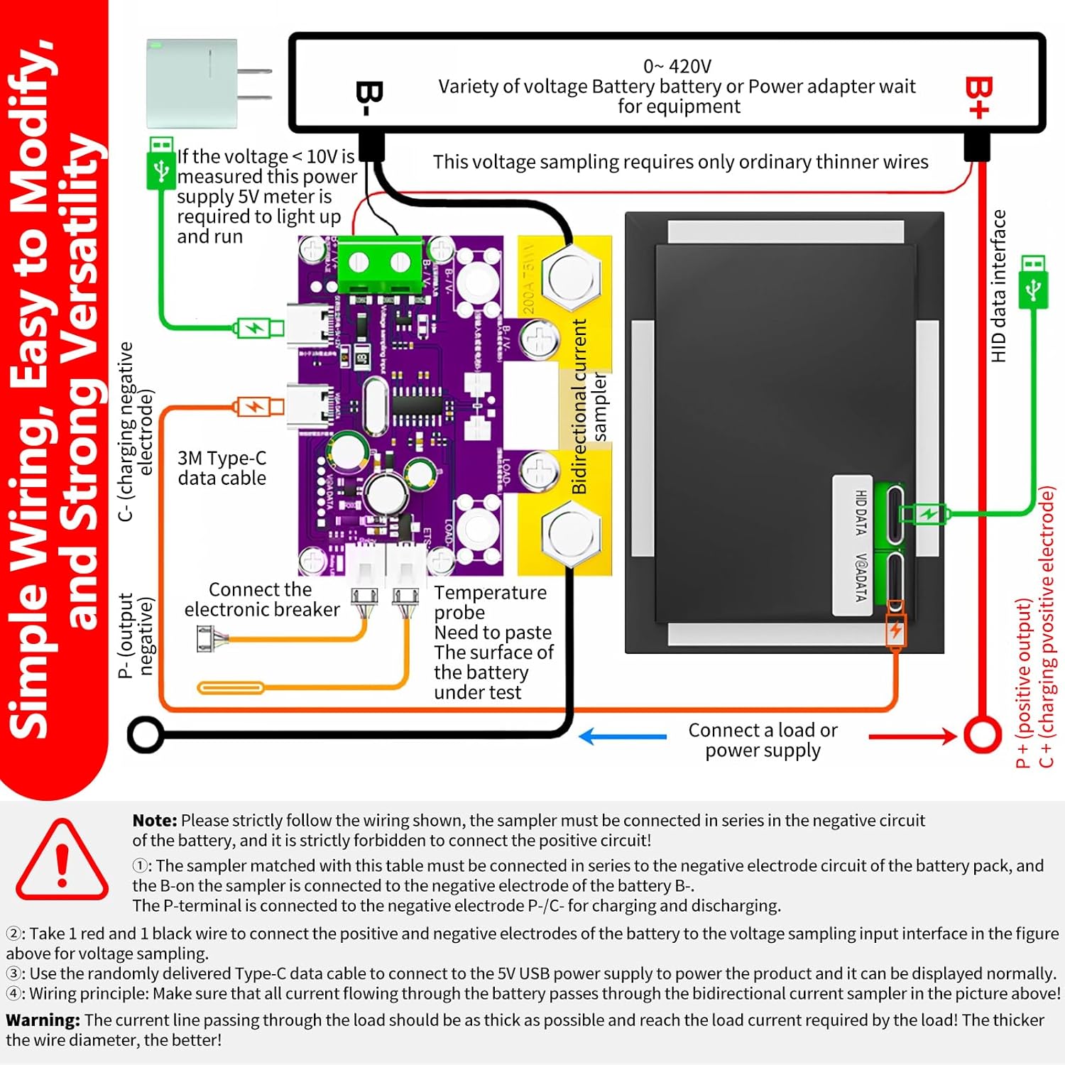 500A Battery Monitor with Shunt 0~420V 500A with Buzzer Alarm and Data Storage Batteries Monitor IPS Color Screen for 0~420V Any Battery and DC Power with 3m Type-C Data Cable Temperature Probe
