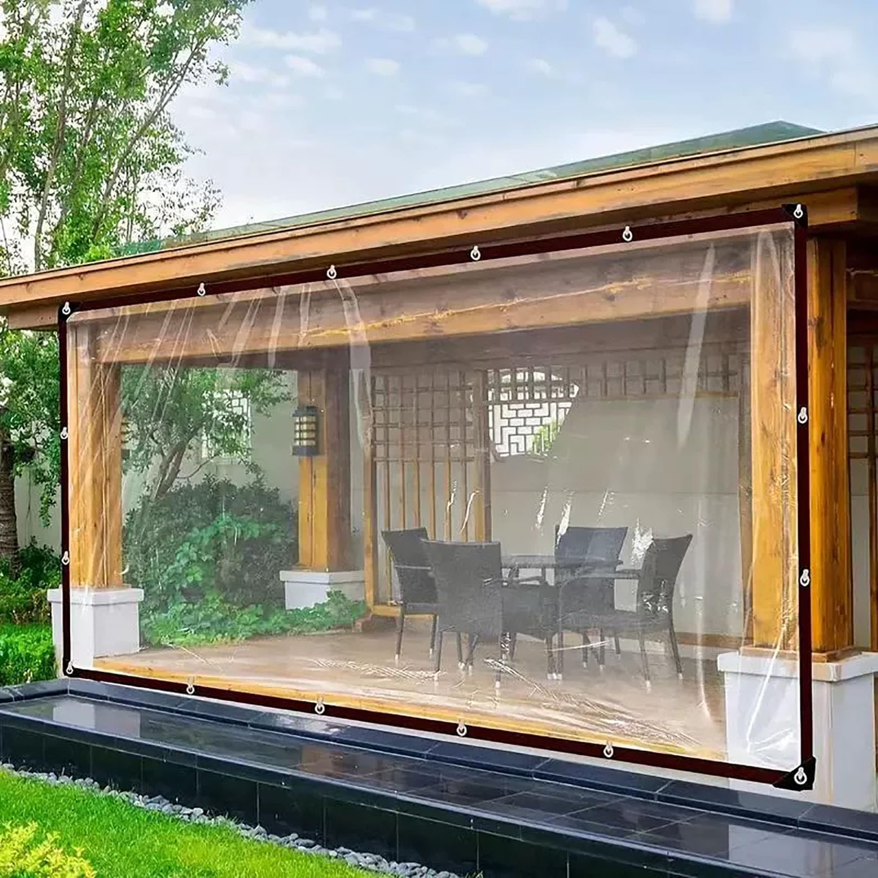 Tarpaulin Sheet 440 x 620 cm Weatherproof Tough, Dust, Waterproof, Easy to Wash Thicken Tarpaulin Waterproof Heavy Duty for Camping Garden Shed Furniture Trailer, Transparent color