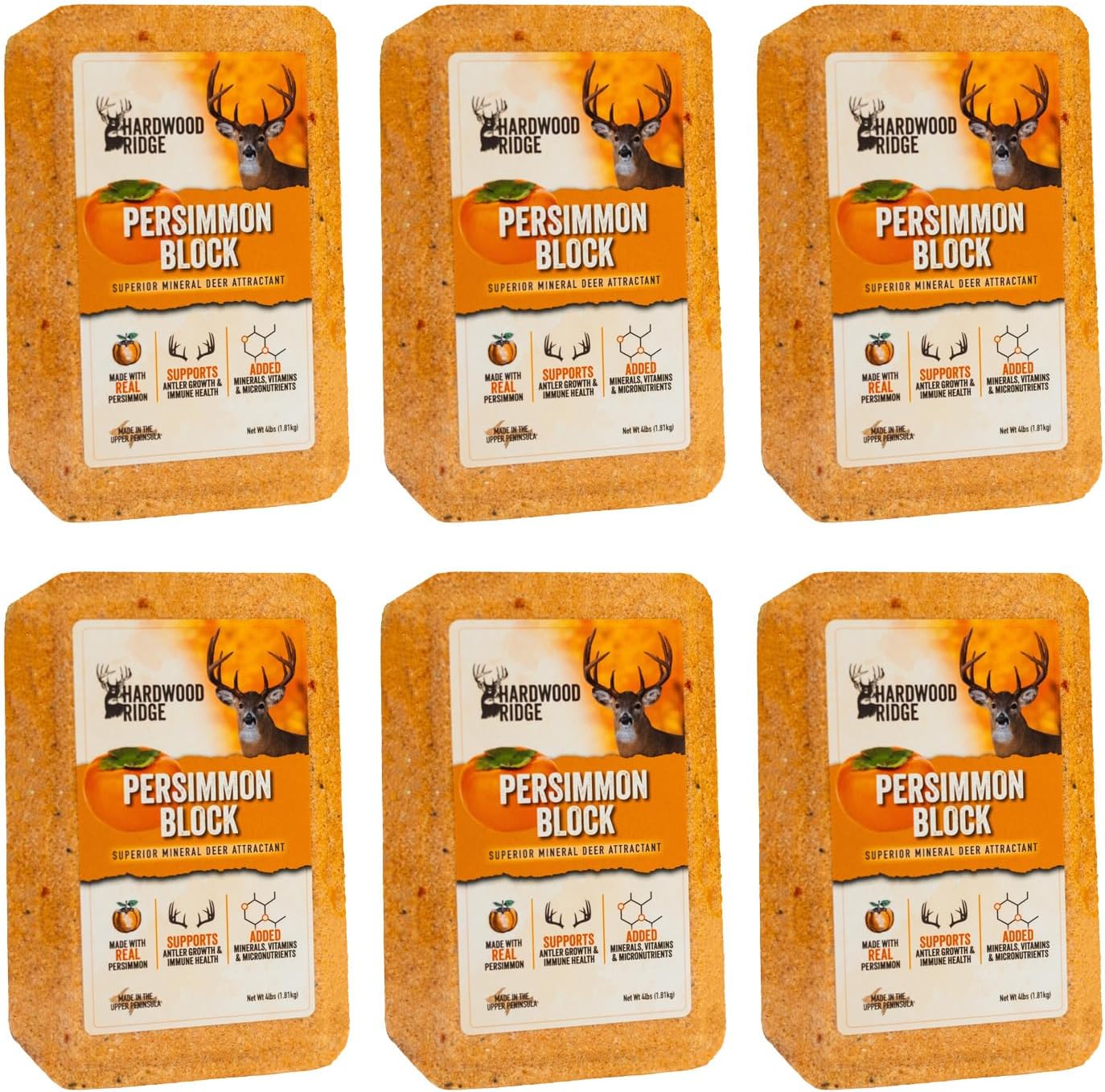 Deer Salt Lick Block, Made with Real Persimmon – Wildlife Long-Lasting Attractant – Natural Feed with Essential Minerals for Antler Growth & Herd Health – 4 lb 6 Pack