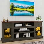 70 inch Farmhouse TV Stand Table for 75 80 inch TV, Modern Entertainment Center with LED Lights and Glass Doors, Wooden Espresso TV Stands for Living Room