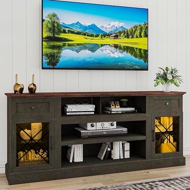 70 inch Farmhouse TV Stand Table for 75 80 inch TV, Modern Entertainment Center with LED Lights and Glass Doors, Wooden Espresso TV Stands for Living Room