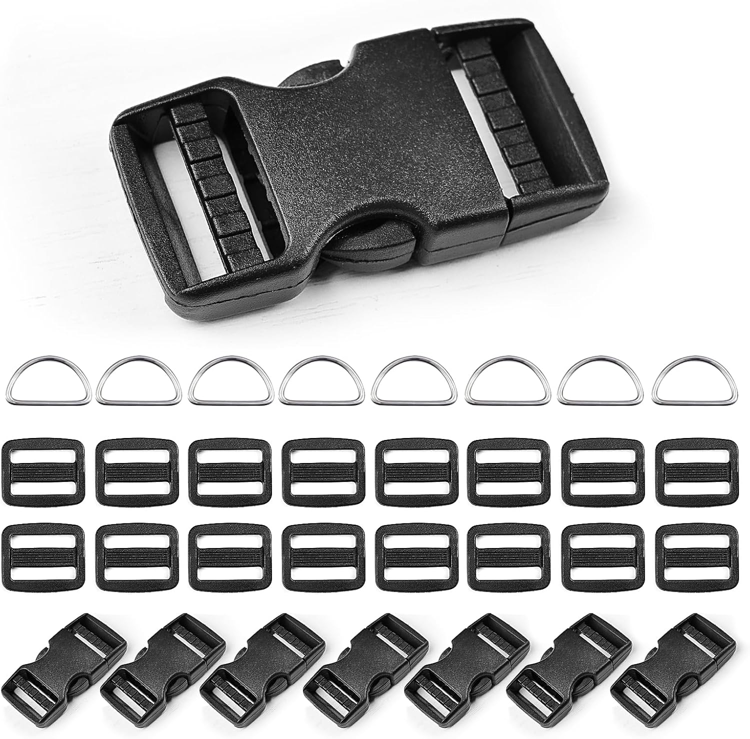 8 pack 3/4" Quick Side Release Buckles, Tri-Glide Slide Clip 16 PCS, 8 Metal D-Ring, Dual Adjustable No Sewing Clips, Plastic Buckles Replacement for Nylon Webbing Straps Backpack Belt Dog Collars