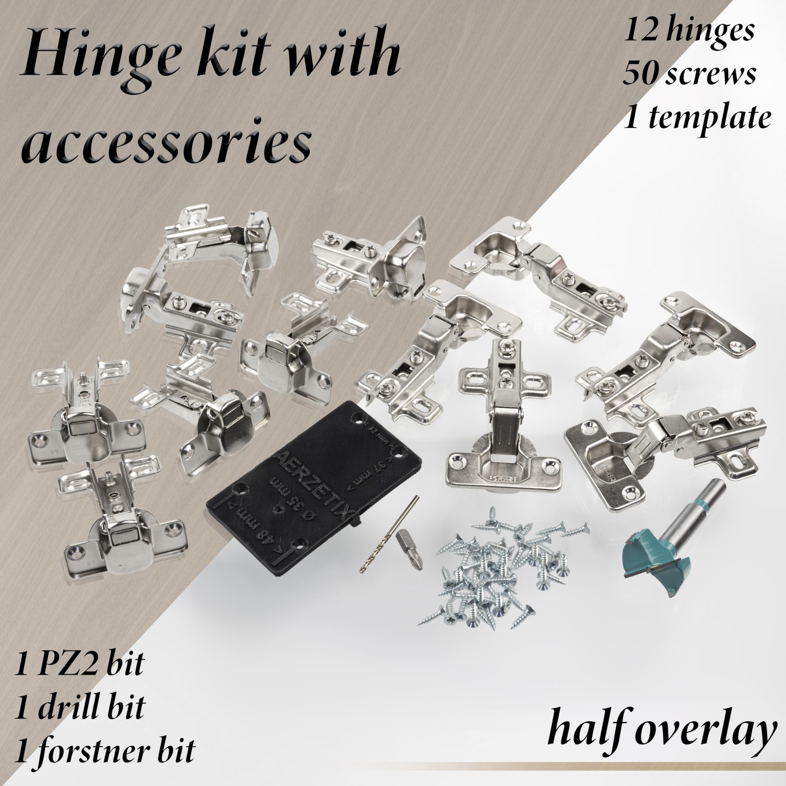 AERZETIX - Kit de 12 charnières invisibles à demi-recouvrement 110° avec gabarit de perçage Ø35 mm + foret à bois Ø35 mm + mèche à bois Ø 2.5 mm + 50 vis Ø3.5x16 et embout 1/4 PZ2