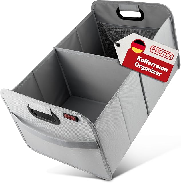 PROTEX Organizer do bagażnika 35 l  składana torba do bagażnika samochodowego  stabilne i wodoszczelne pudełko do przechowywania do samochodu  zakupy, kemping, podróż (szary)