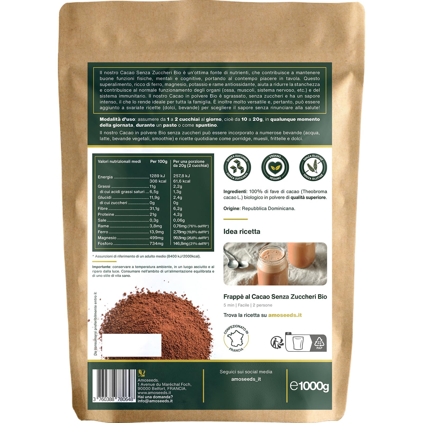 Cacao Senza Zuccheri in polvere BIO 1KG | Fave sgrassati di Cacao Bio, 100% puro | Gusto Intenso di Cioccolato | Qualità superiore