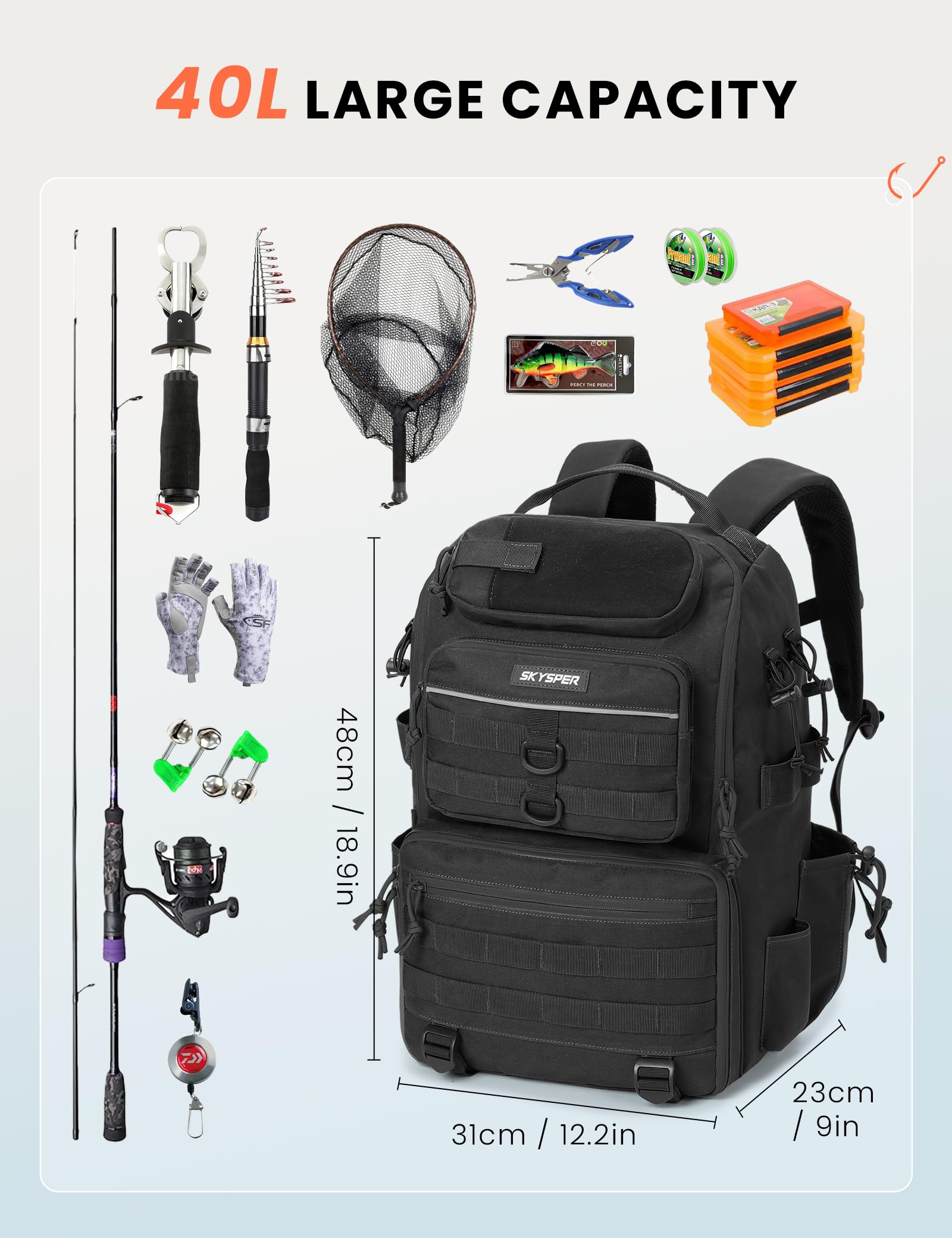 SKYSPER Sac à dos de pêche 40 L pour le rangement de matériel et d'équipement de pêche