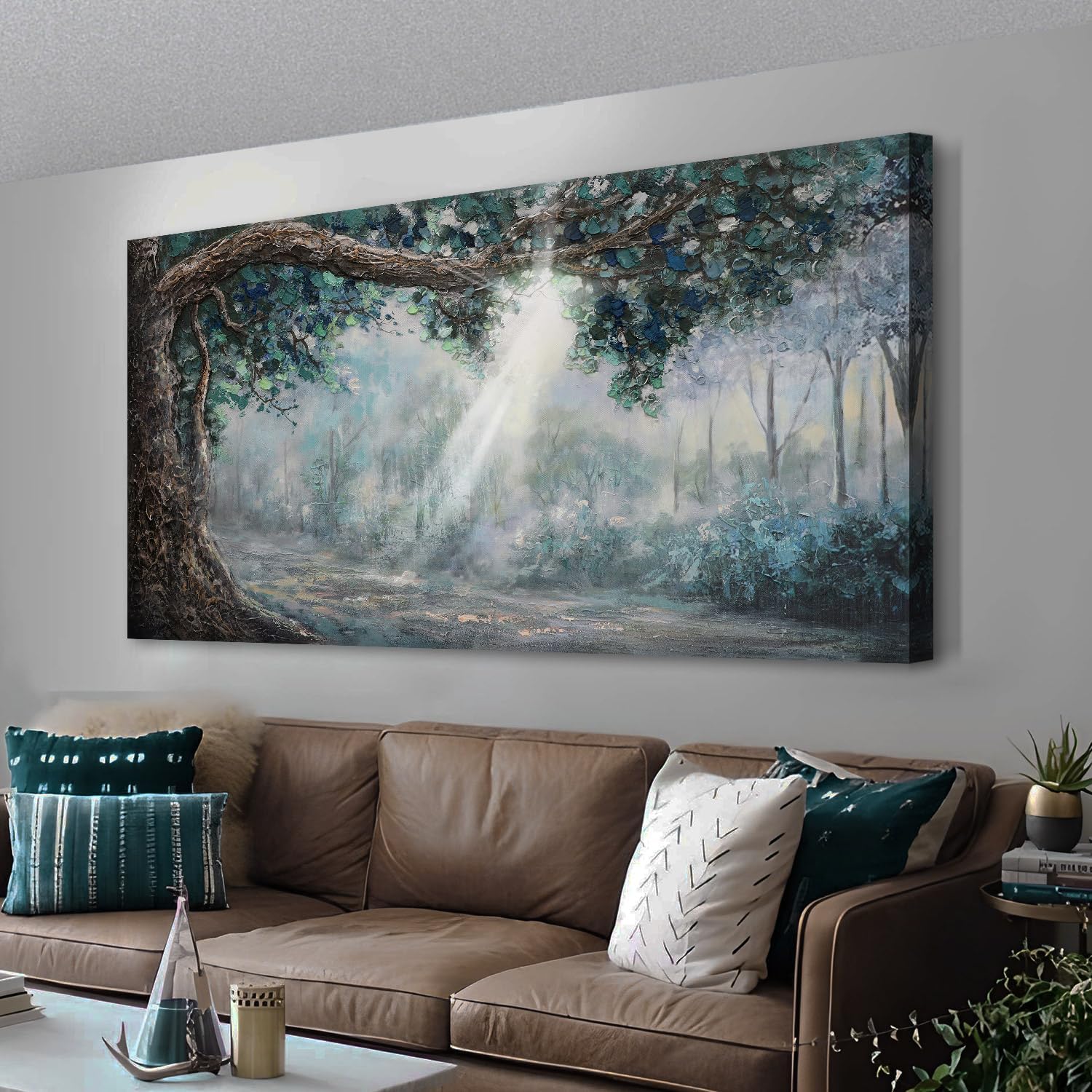 Anolyfi Forest Canvas Wall Art Nature Tree Landscape Panoramic Picture Modern Rustic Scenery Textured Painting Large Artwork Framed for Living Room Bedroom Bathroom Office Home Decor 40"x20"