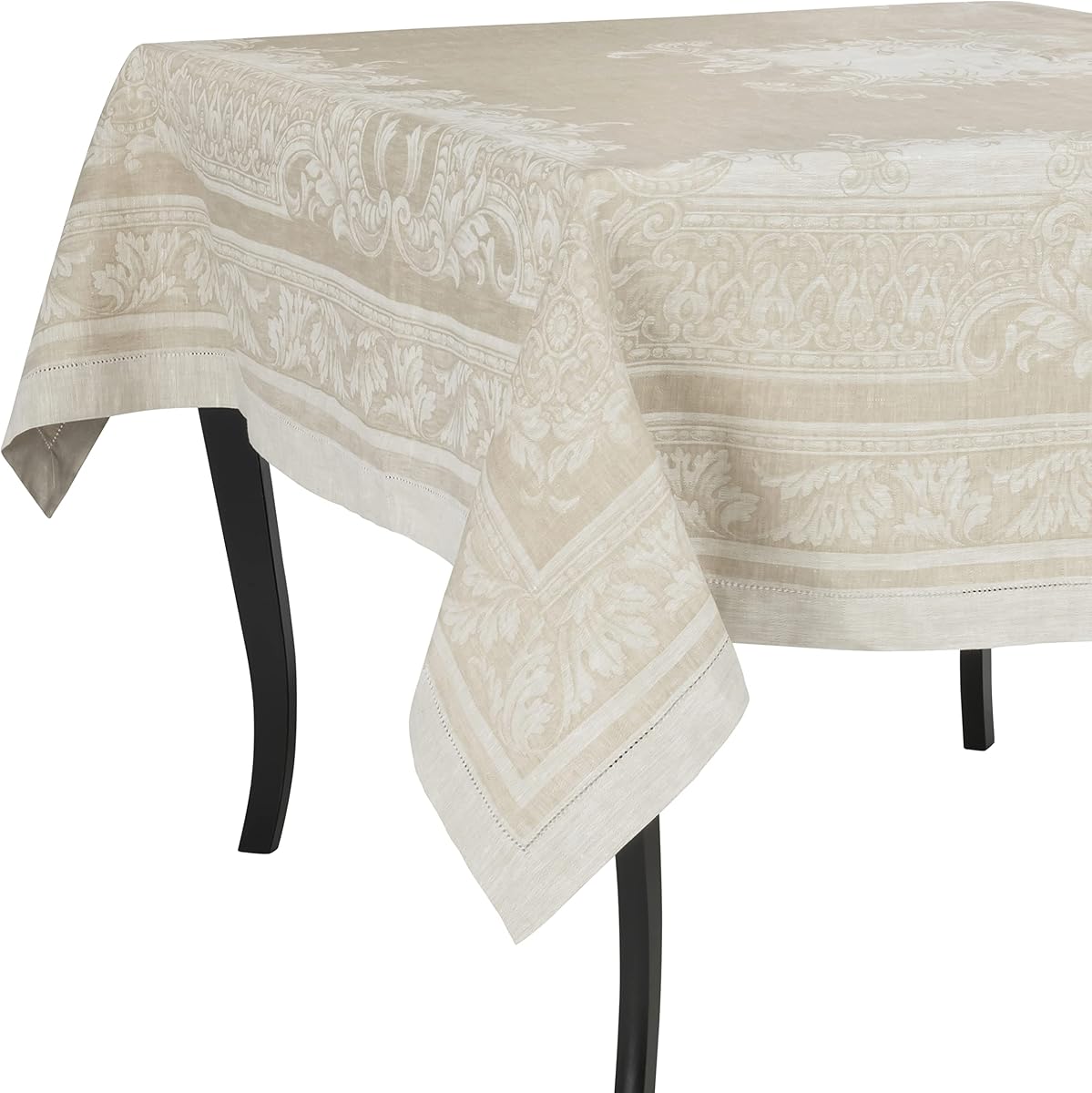 Arboretum Linen Tablecloth – 71" x 124" Woven Ivory and Taupe Linen Rectangle Tablecloth for Any Occasion – Elegant Floral and Leaf Jacquard Design – Premium Kitchen & Dining Décor