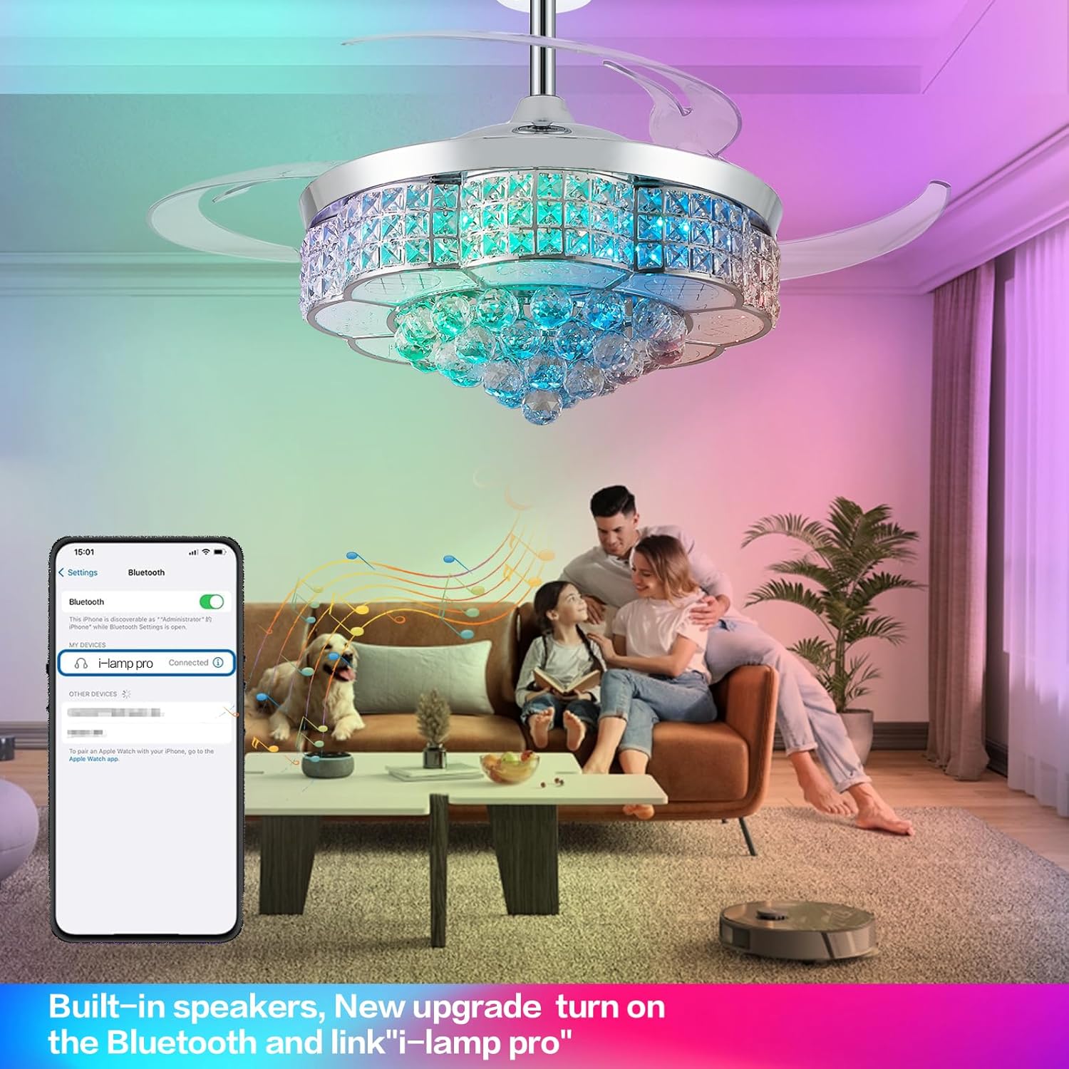36" Retractable Crystal Ceiling Fan with Light, RGB Modern Fandelier 6 Speeds Reversible Blades Dimmable Chandelier Fan with Remote Silver