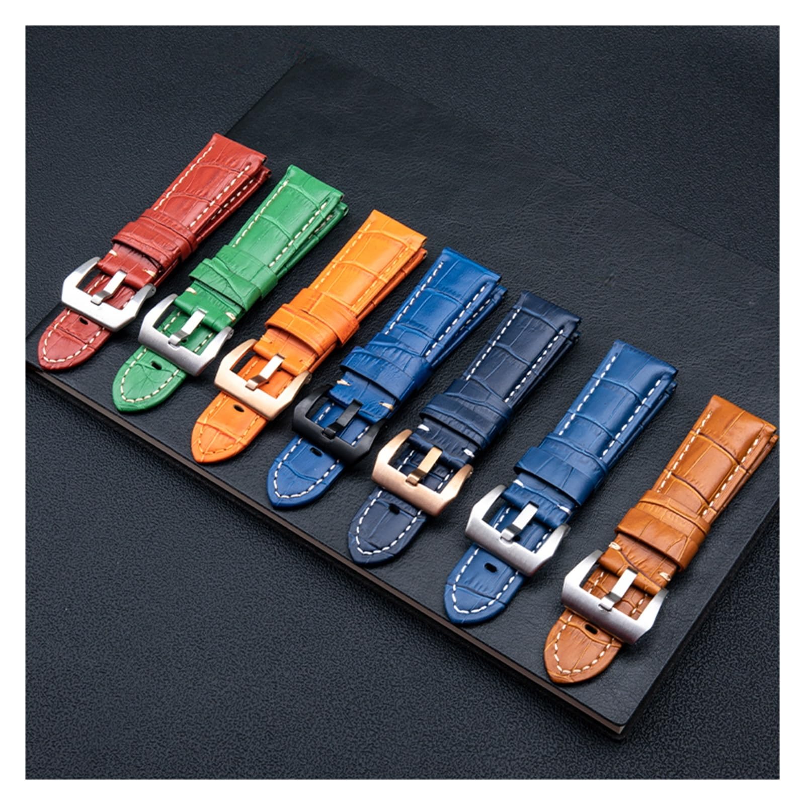 MENGKEG 22 24 26mm Bracelet De Montre En Cuir De Bambou De Veau Italien Compatible Avec Les Accessoires PAM441 / 111/386(Light Blue White,26mm PAM,Rose Buckle)