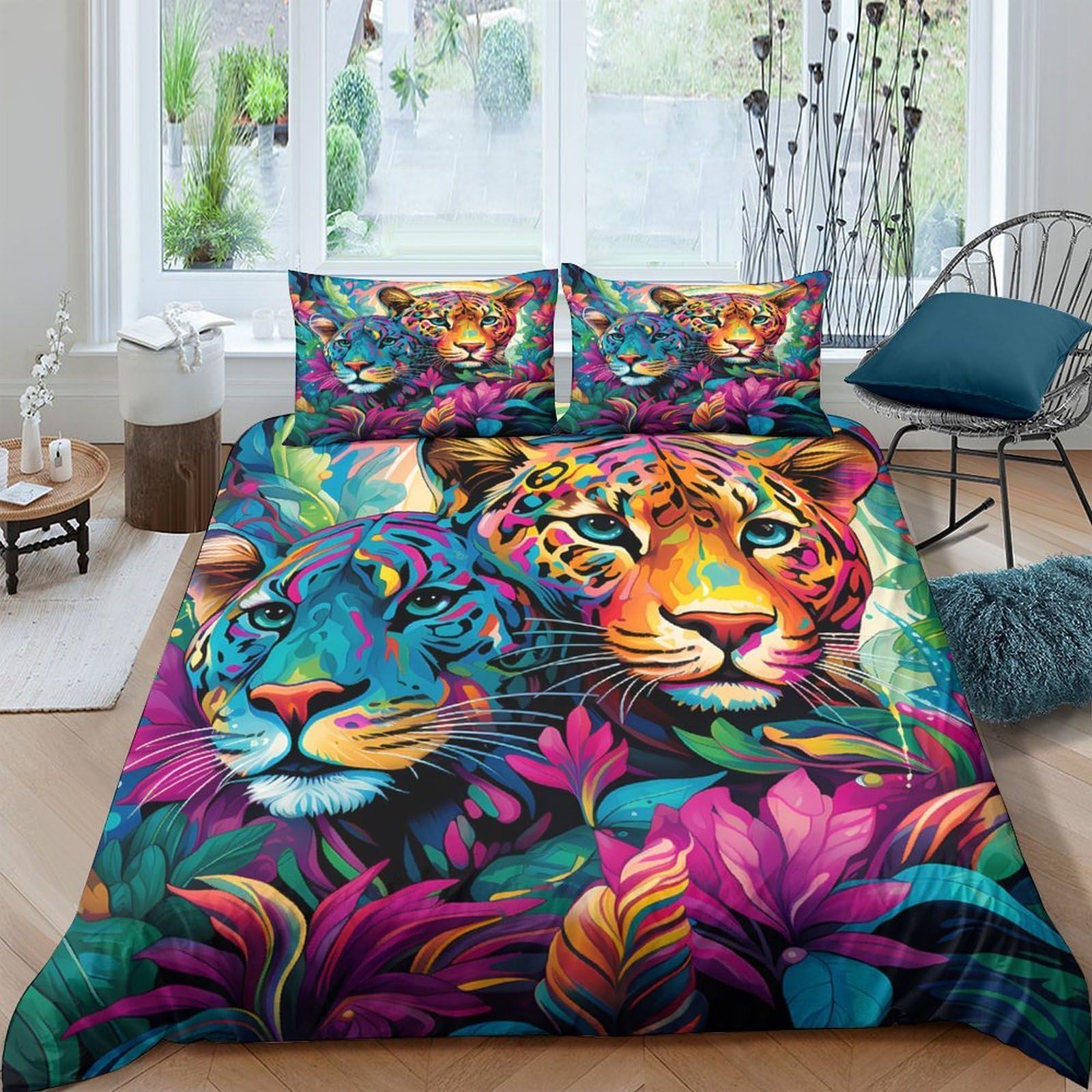 P5V6M1Q9 3D Printed Colorful Leopard Duvet Cover Microfiber Soft Breathable Jungle Floral Bedding Set with 2 Pillowcases for Bedroom Decor Single（135x200cm）