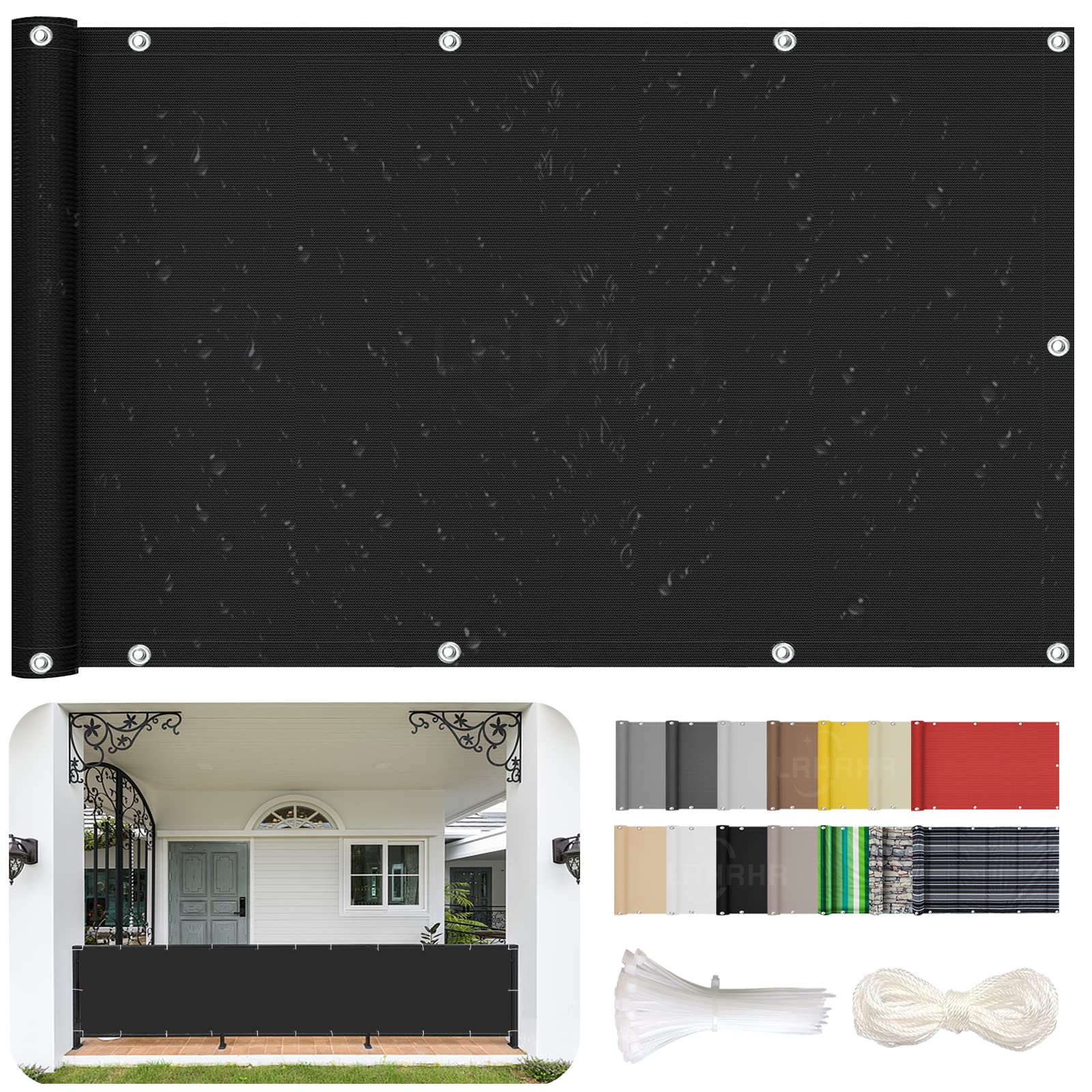 Osłona balkonowa, ochrona przed wzrokiem, na patio, wodoodporna, blokada UV, osłona balkonowa z opaskami kablowymi i liną, czarna, 60 x 700 cm