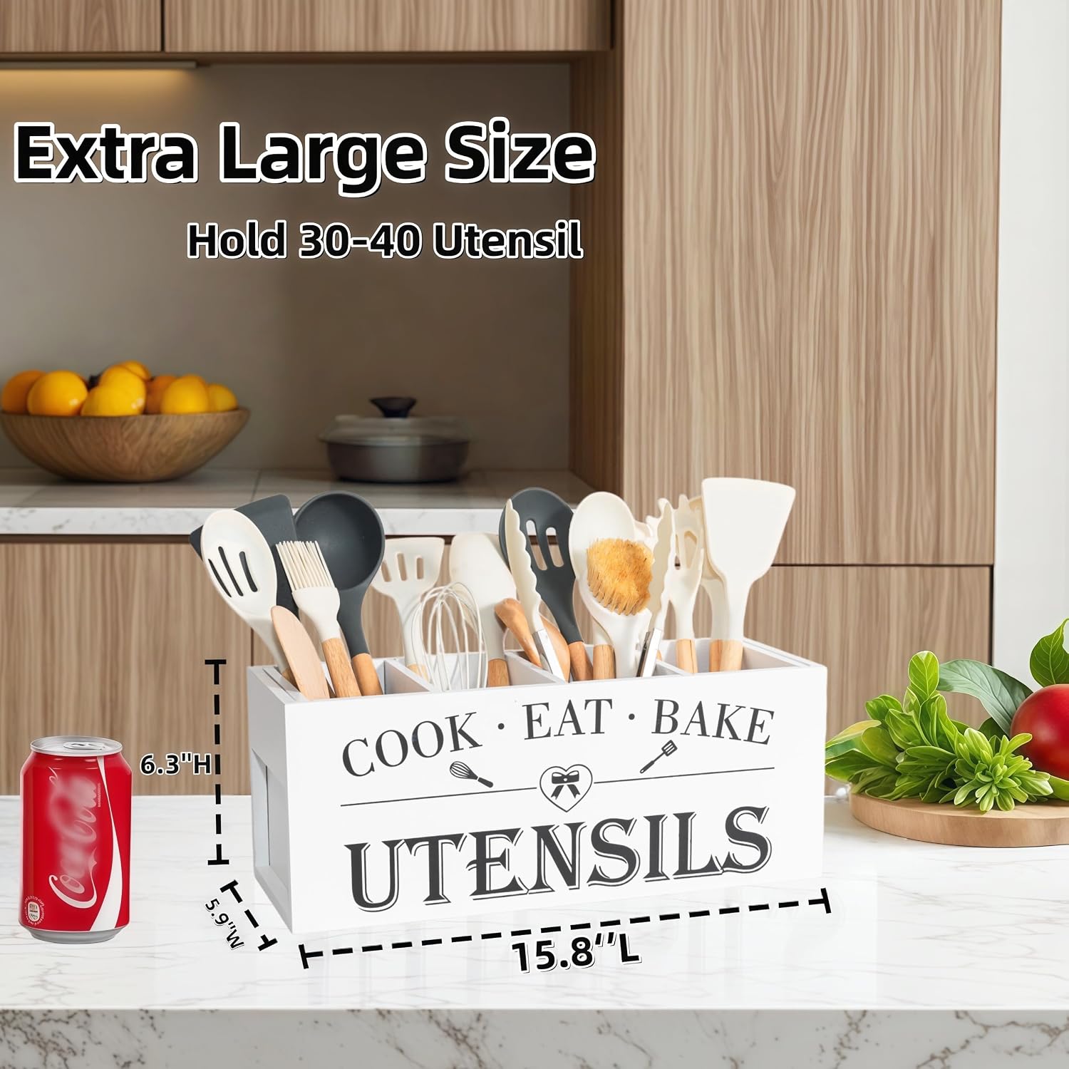 Kitchen Utensil Holder,Extra Large Wooden Utensil Holder Countertop image 3