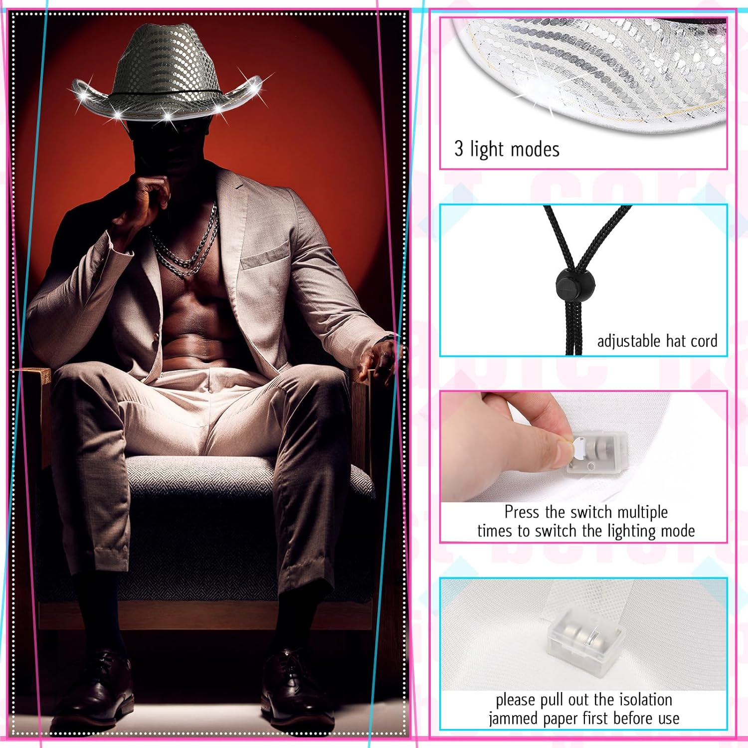 LED Lights Cowboy Cowgirl Hat Flashing LED Lights Cowgirl Hat for Wedding Western Bachelorette Party - Image 4