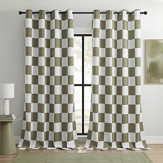 100% Blackout Checkered Curtains – 2 Panels, Each W52×L84, Thermal Insulated, Nosie Reducing for Bedroom, Modern Sage and White Checkerboard Design