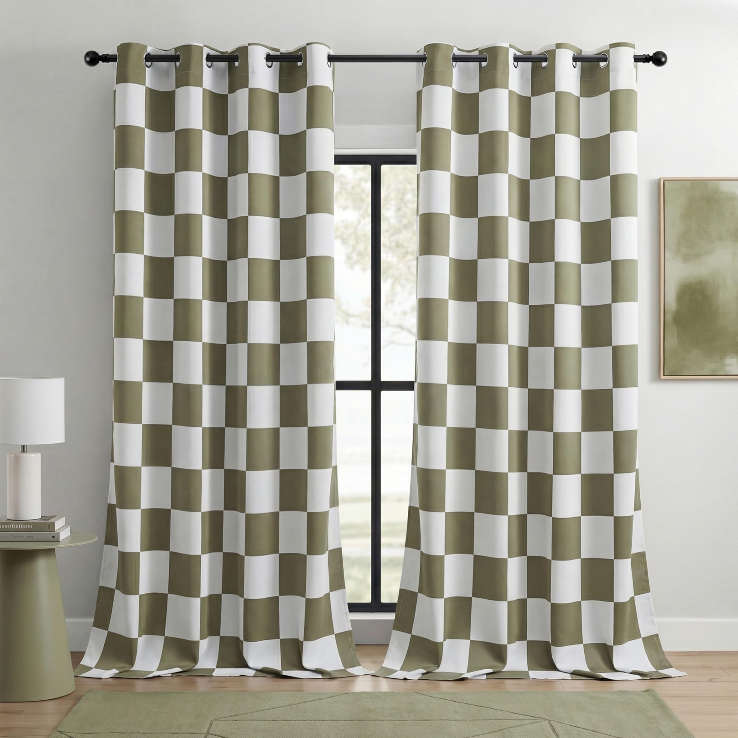 BOHOMOCASA 100% Blackout Checkered Curtains – 2 Panels, Each W52×L84, Thermal Insulated, Nosie Reducing for Bedroom, Modern Sage and White Checkerboard Design — image 1