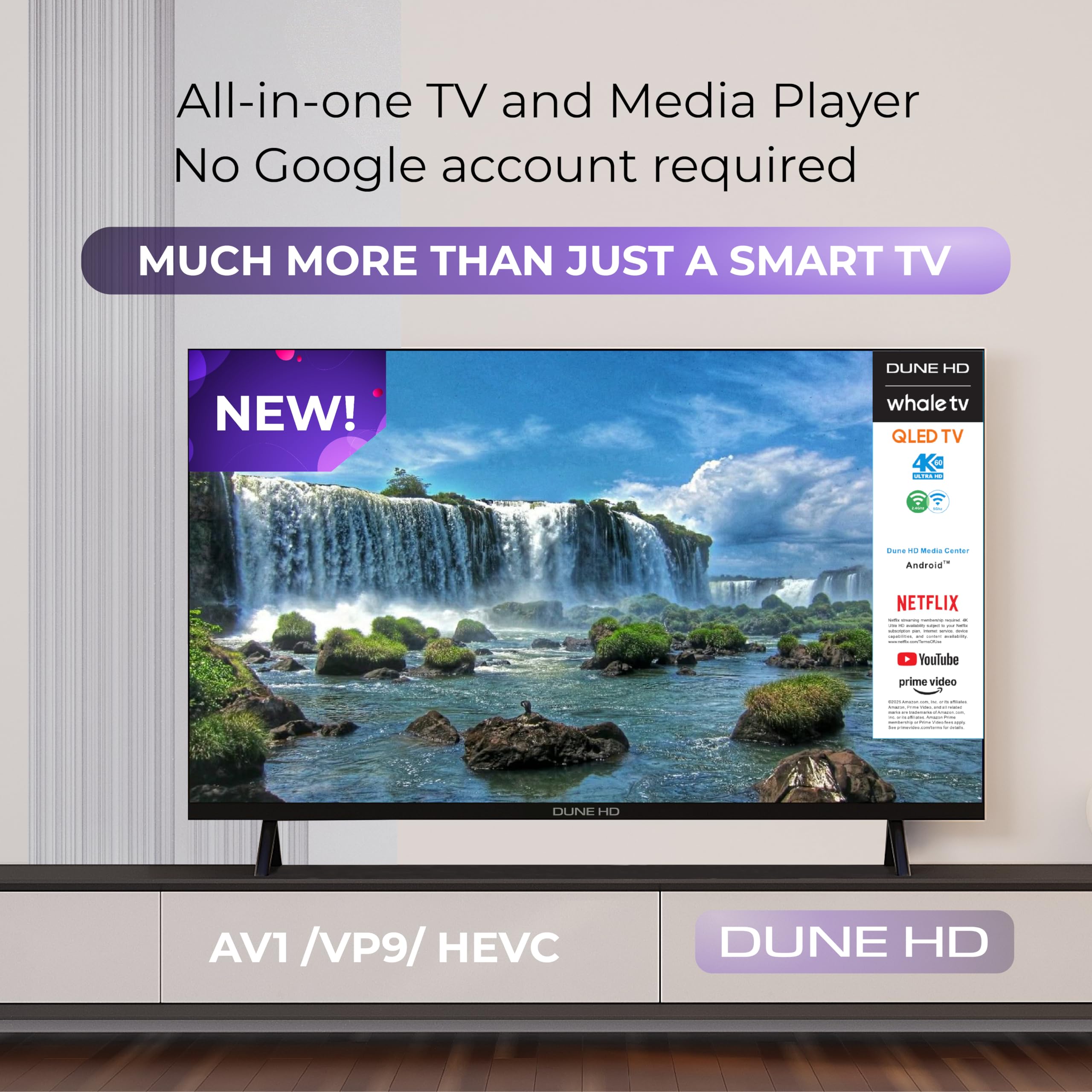 Dune HD Smart TV 43" (2026), QLED 4K UHD Quantum Dots, HDR10 HLG, Whale OS Android, 2+16, potrójny tuner DVB-T/T2/S/S2/C + telewizja analogowa, sterowanie głosowe, AirPlay, Miracast (43, Cale)