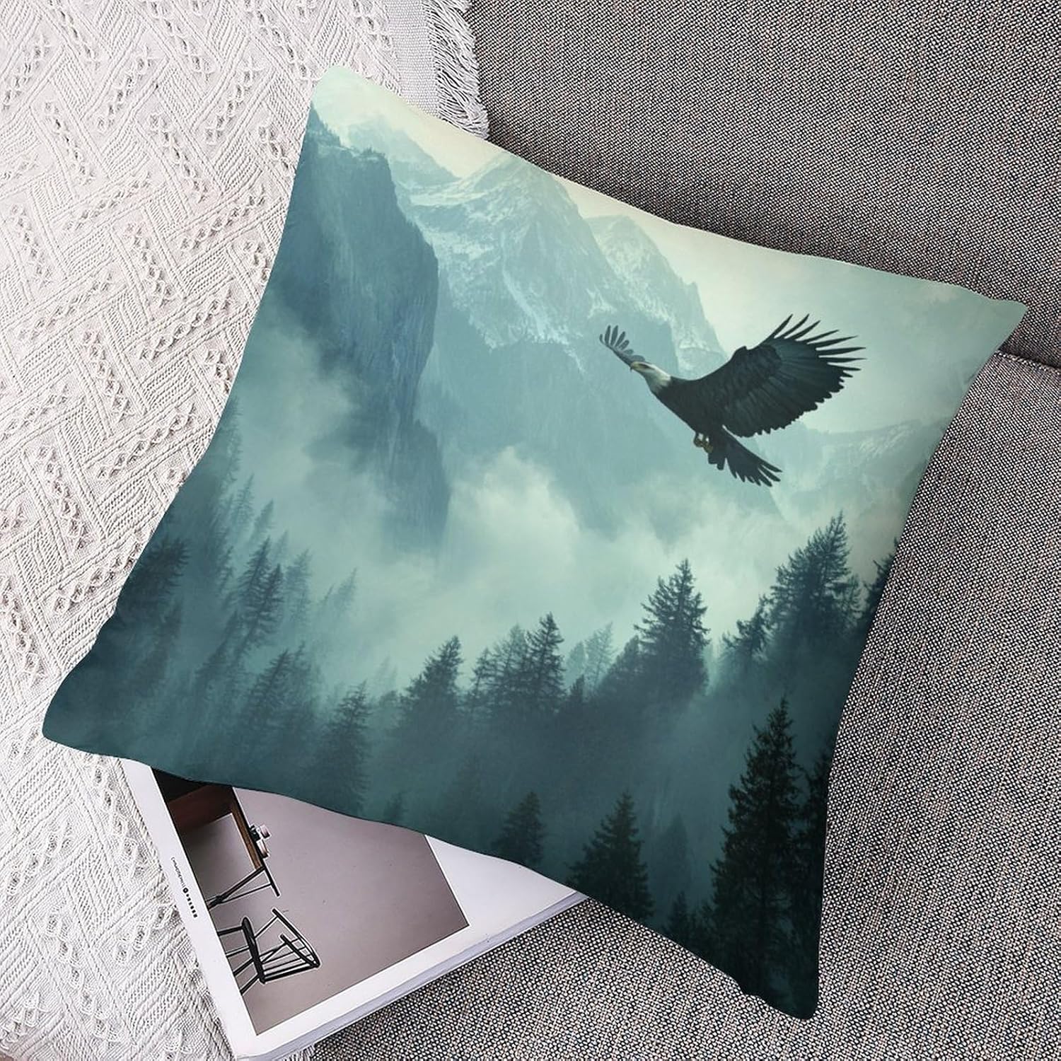 2 Packs Misty Forest Scenery Throw Pillow Covers for Living Room, Nature Mountain Bald Eagle Pillow Covers Cushion Case for Couch Sofa Bed, 20x20 inch