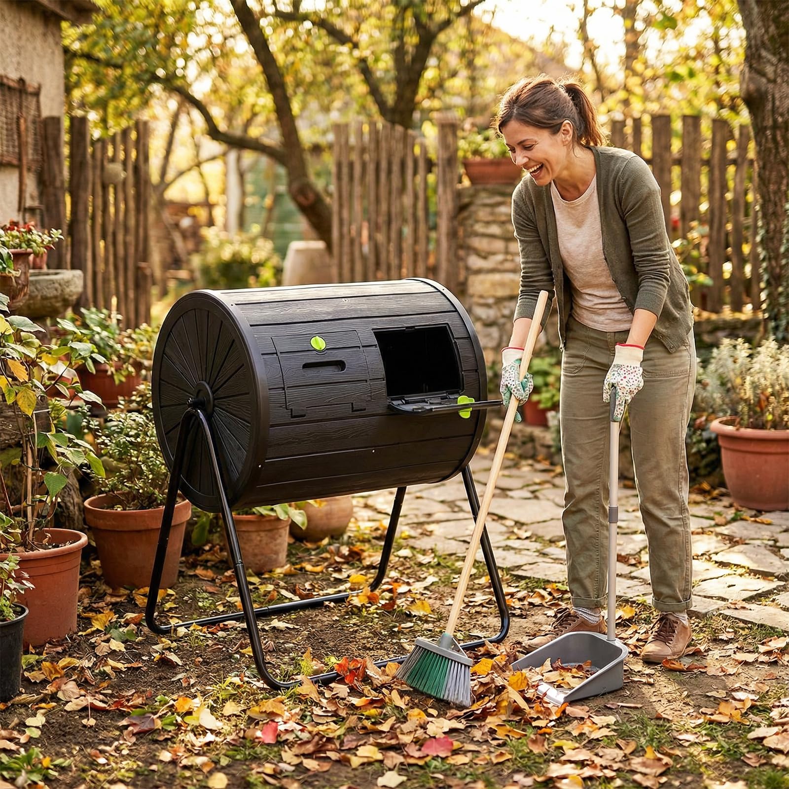 COSTWAY Compostador Giratorio 142 L, Contenedor de Compostaje con Doble Cámara, 2 Puertas Bloqueables, Rotación de 360°, Jardinero Cocina Patio Granja, sin BPA (Negro)