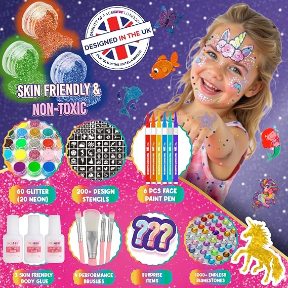 FACEGEM LONDON Ultimate 60 Colour Glitter Tattoo Kit, 60 Colour Glitter Tattoos, 200+ Stencils, 1000+ Rhinestones, Glitter Tattoos, Festival and Party Set (including 20 neon glitters)