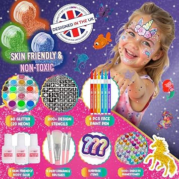 FACEGEM LONDON Ultimate 60 Colour Glitter Tattoo Kit, 60 Colour Glitter Tattoos, 200+ Stencils, 1000+ Rhinestones, Glitter Tattoos, Festival and Party Set (including 20 neon glitters)