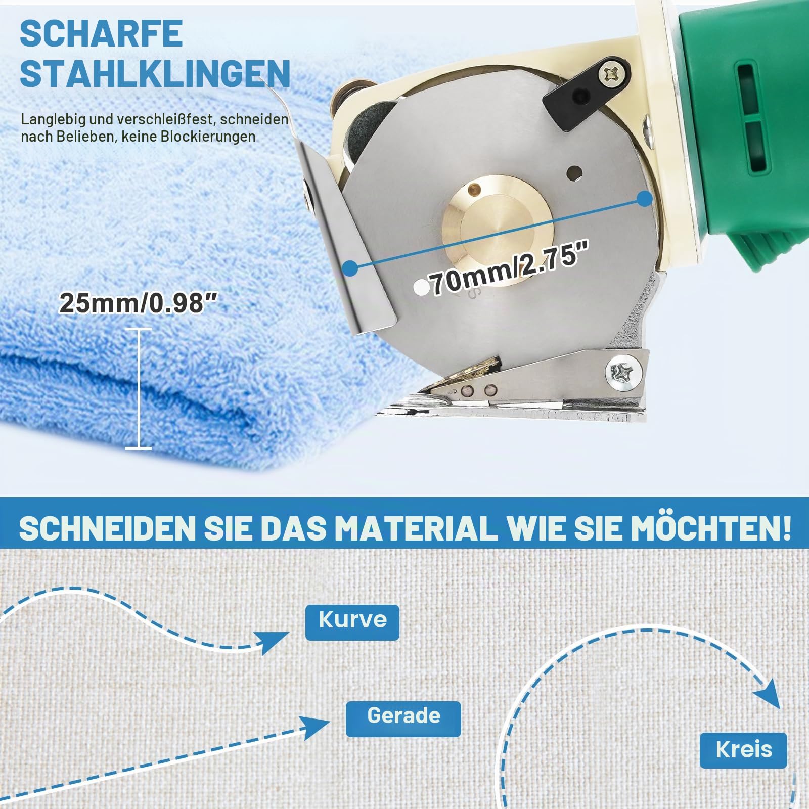 MXBAOHENG Elektrischer Stoffschneider 12V DC-70 Elektrischer Industrieller Stoffschneider Akku-Rundschere zum Schneiden von Stoff Teppich Leder (eine AKKU & 2 * 70 mm Klinge Grün)