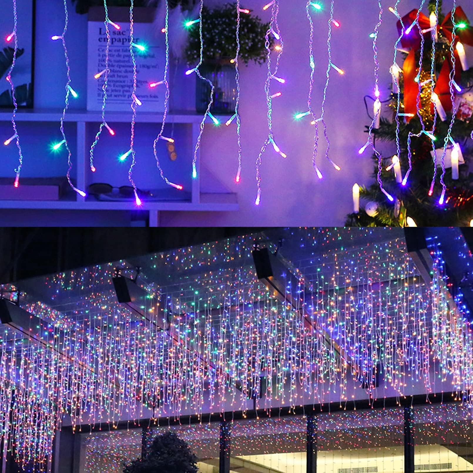 LED Dangling Icicle Lights, LOFTOLMEA 13FT 96 LEDs 8 Modes Twinkle Christmas Hanging Ceiling Fairy String Curtain Lights for Bar Mall Patio Yard Indoor Outdoor Decoration (Multicolor, 4M)