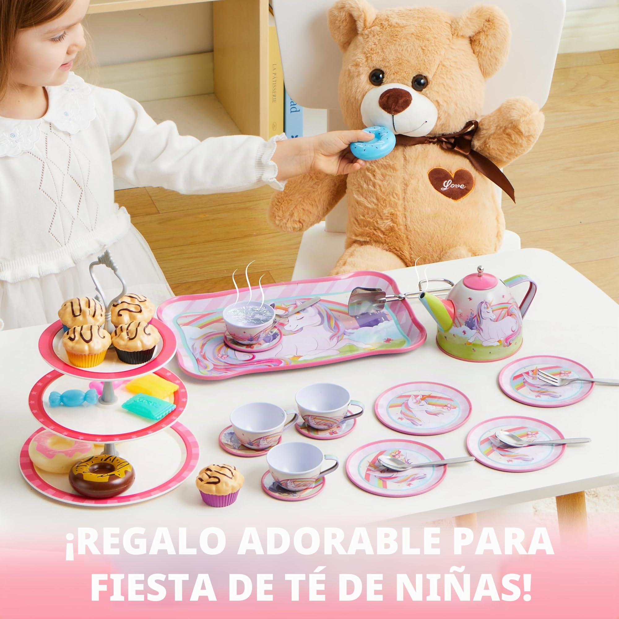 JOYIN Juego de 35 Piezas de Fiesta de té de Unicornio para niñas pequeñas, Juego de Tetera de Lata, Juguete de Cocina de Princesa con Postre, Regalo de cumpleaños para niños pequeños de 3 4 5 6 años