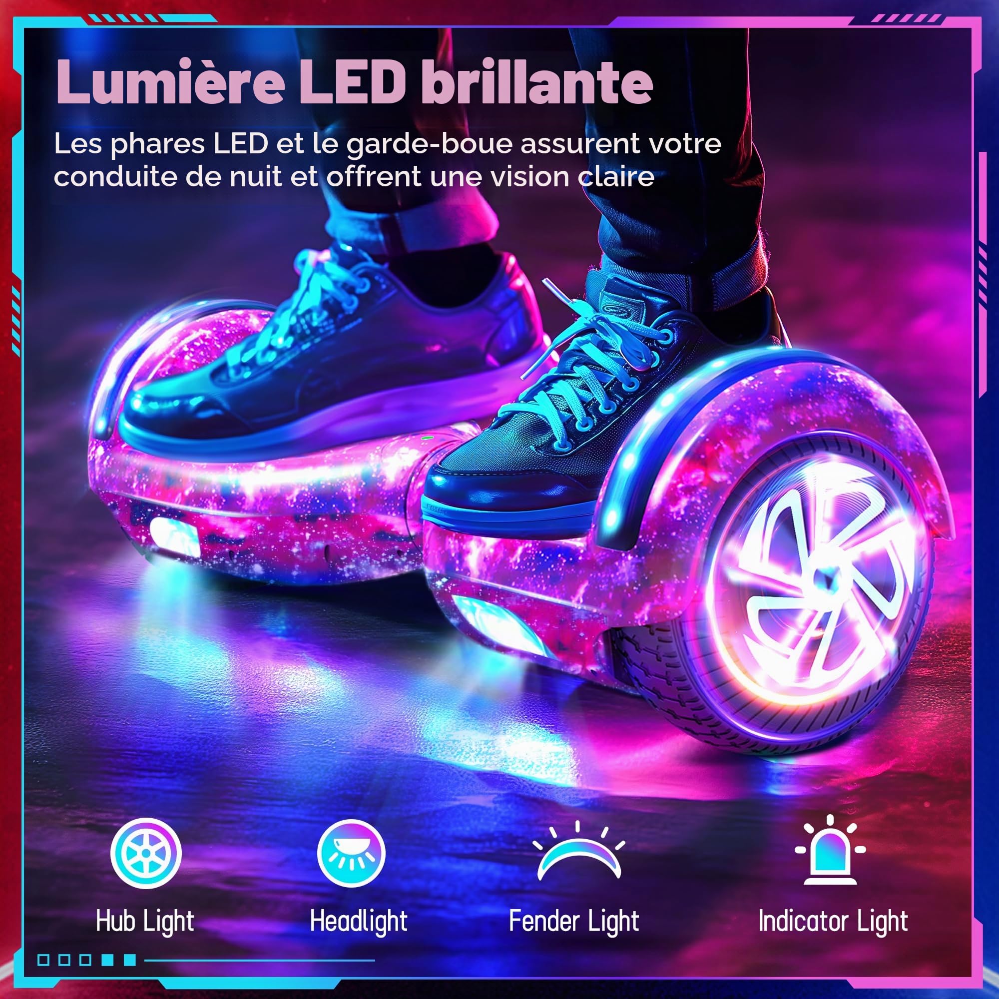 Hoverboard avec lumières LED, roues lumineuses LED, Hoverboard auto-équilibrant avec technologie d'équilibre actif, Ne comprend pas l'hoverkart
