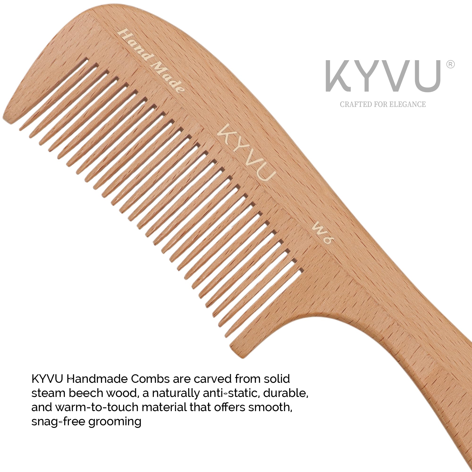 KYVU Wooden Hair Comb with Handle, Handmade 19 cm Fine-Tooth Beech Wood Comb for Men & Women - Image 3