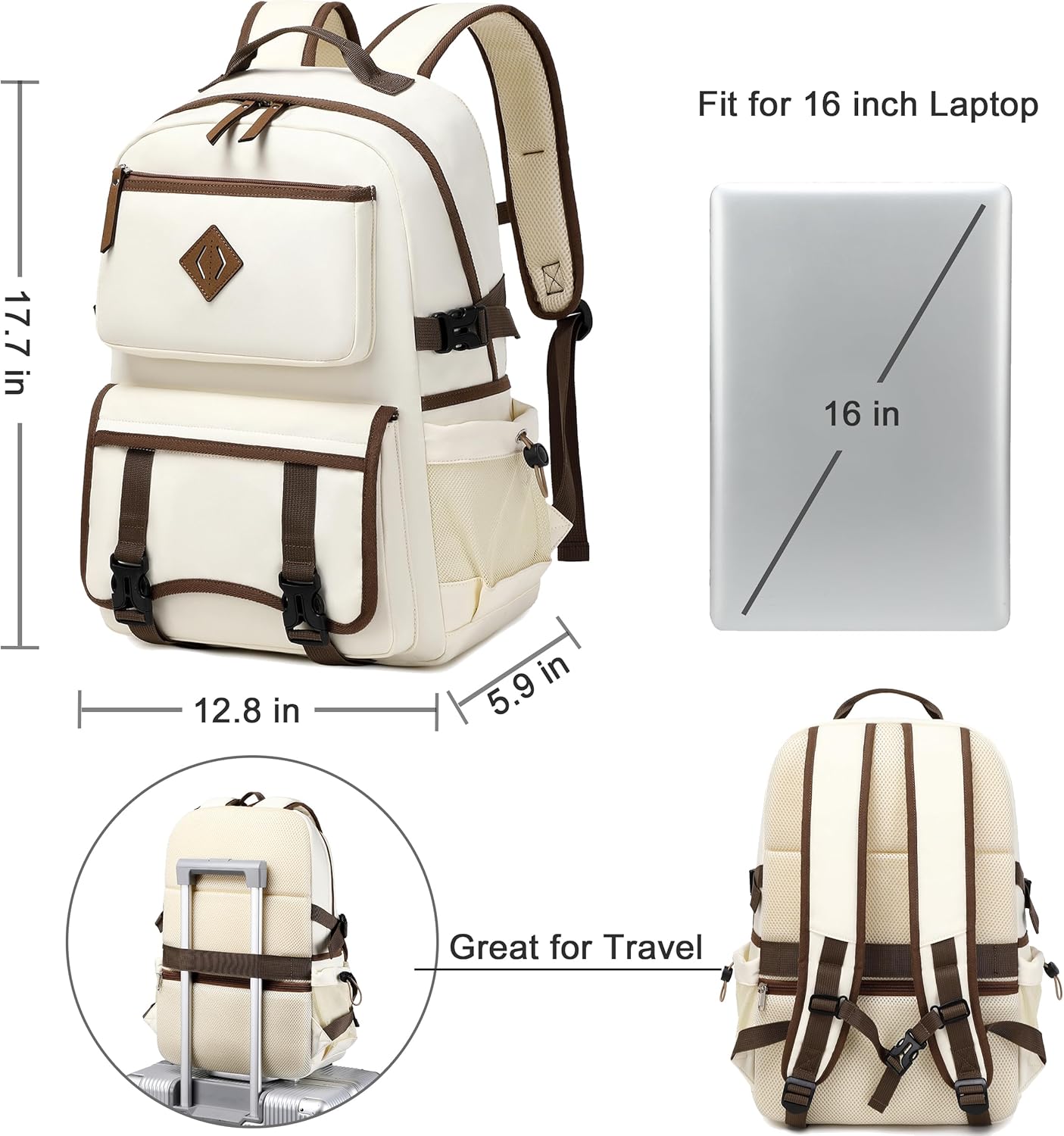 Laptop Backpack 15 -17 Inch for Women Men Large College Bookbag Elementary Middle High School Bag for Kids Teens Girls Boys Student Waterproof Travel Backpacks Book Rucksack Work Daypack Beige - Image 4