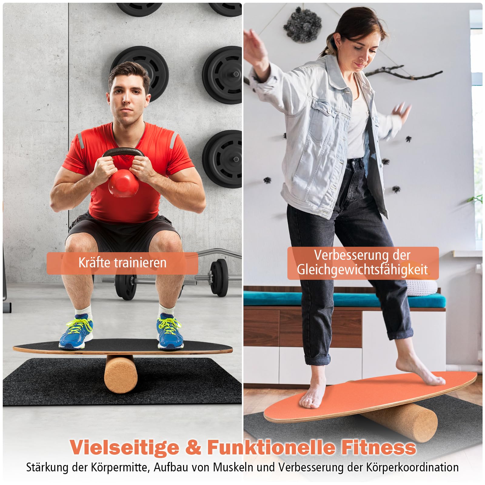 GYMAX Balance Board aus Holz, 15 mm BalanceBoard mit 10mm Korkrolle & rutschfeste Matte aus Filz, Indoor Surfboard, Wackelbrett, Gleichgewichtsboard für Kinder & Erwachsene