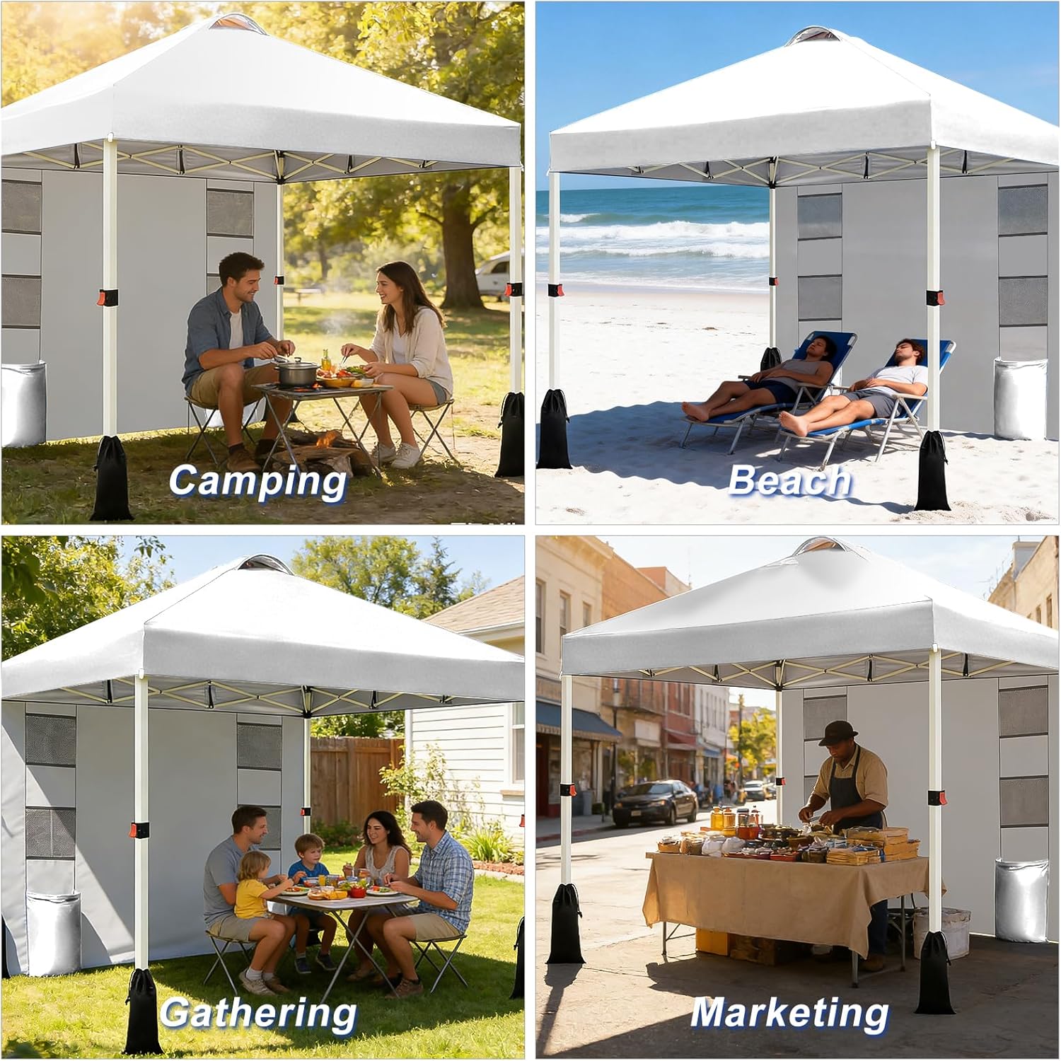 WEIZE 10x10 Pop Up Canopy Tent, 1-Button Push Setup Canopy Tent with 1 Sidewall, Adjustable Height Instant Portable Shelter, Portable Roller Bag,Easy Outdoor Sun Shade for Events,4 Weight Bags,White
