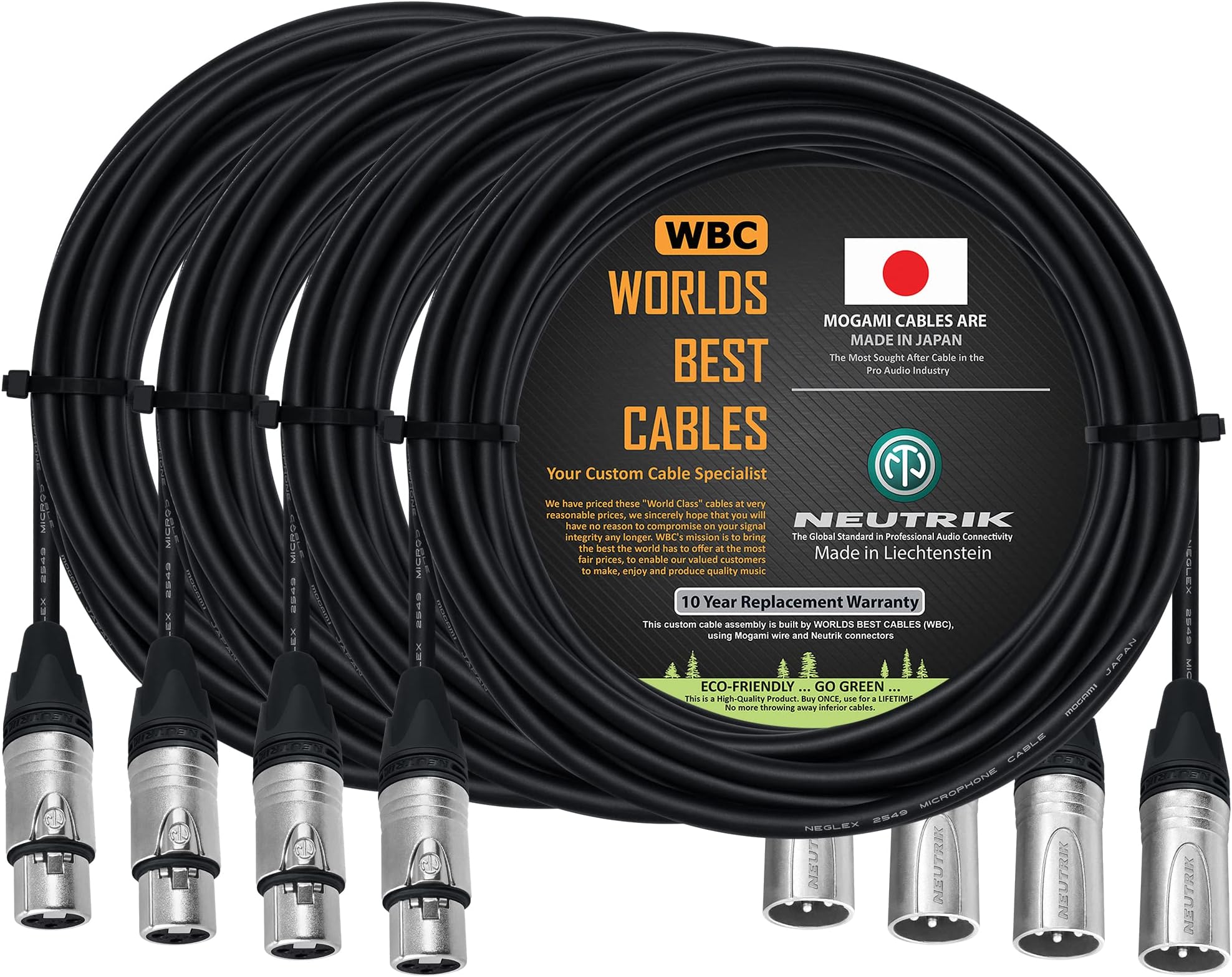 WORLDS BEST CABLES 4 Units - 20 Foot - Balanced Microphone Cable Custom Made Using Mogami 2549 (Black) Wire and Neutrik NC3MXX & NC3FXX Silver XLR Plugs