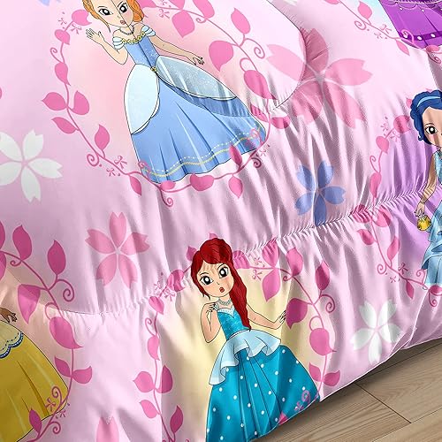 Miniatura 5 de FJKJHKGJ Juego de edredón de princesa para niñas, tamaño Queen, juego de ropa de cama rosa con bonito patrón de princesa, juegos de ropa de cama de