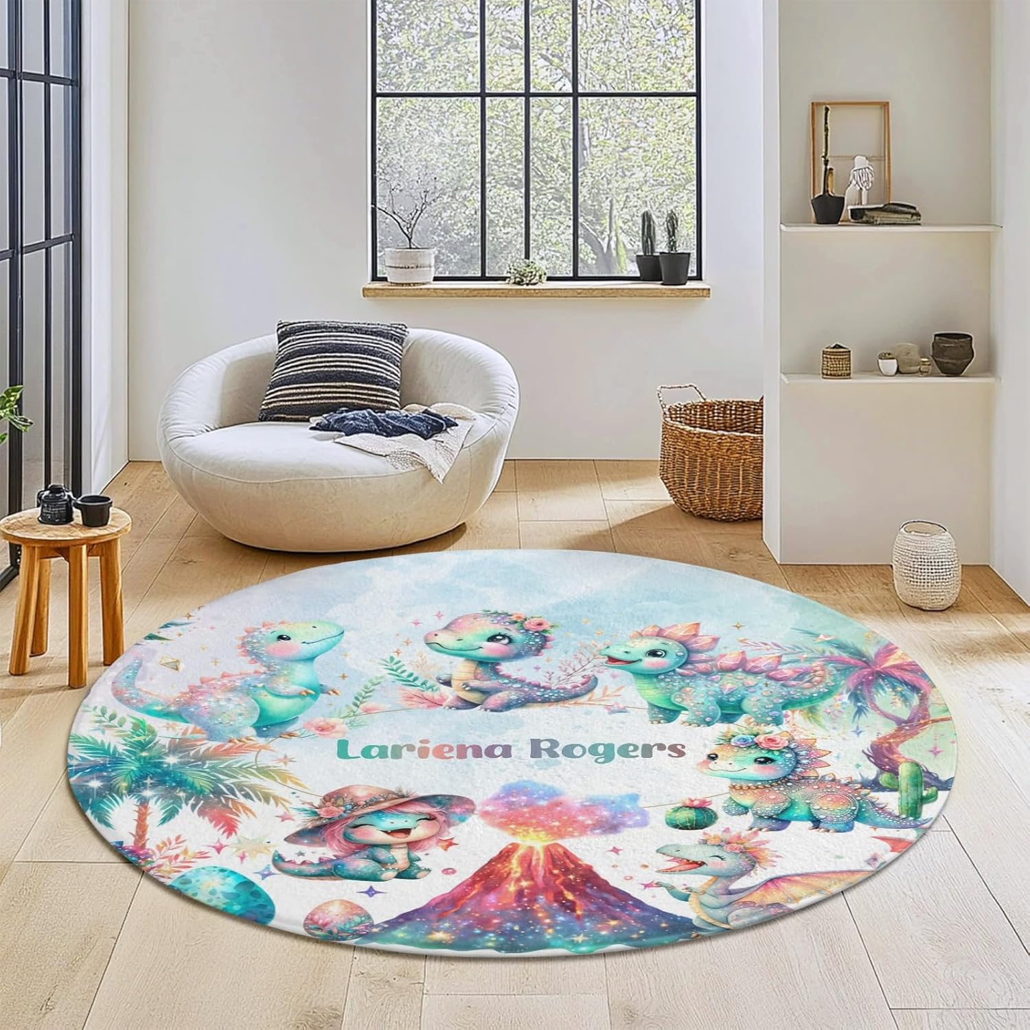 Custom Name Washable Round Area Rug, Dino Girl Fantasy Landscape Non-Slip Round Rugs 80CM-Soft Flannel Circle Carpet for Living Room Bedroom Kitchen Nursery,Dinosaur for Boys Girls