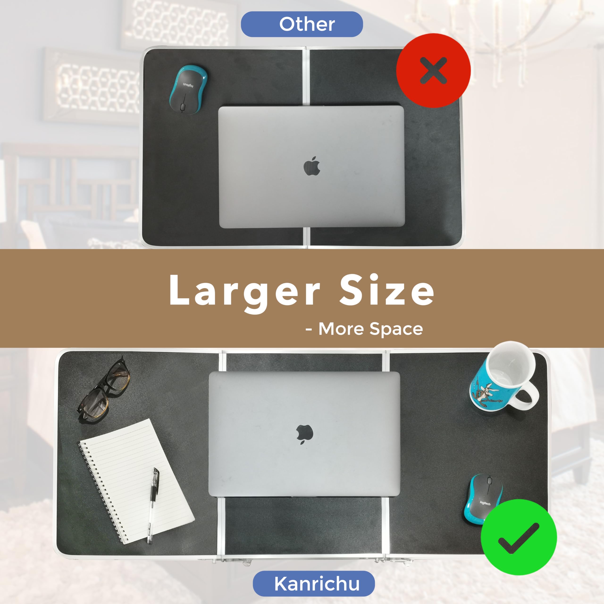 Kanrichu Foldable Lap Desk for Bed, Portable Large Bed Table Tray, Floor Laptop Stand for Couch Study, Breakfast Eating, Camping Picnic (Black)