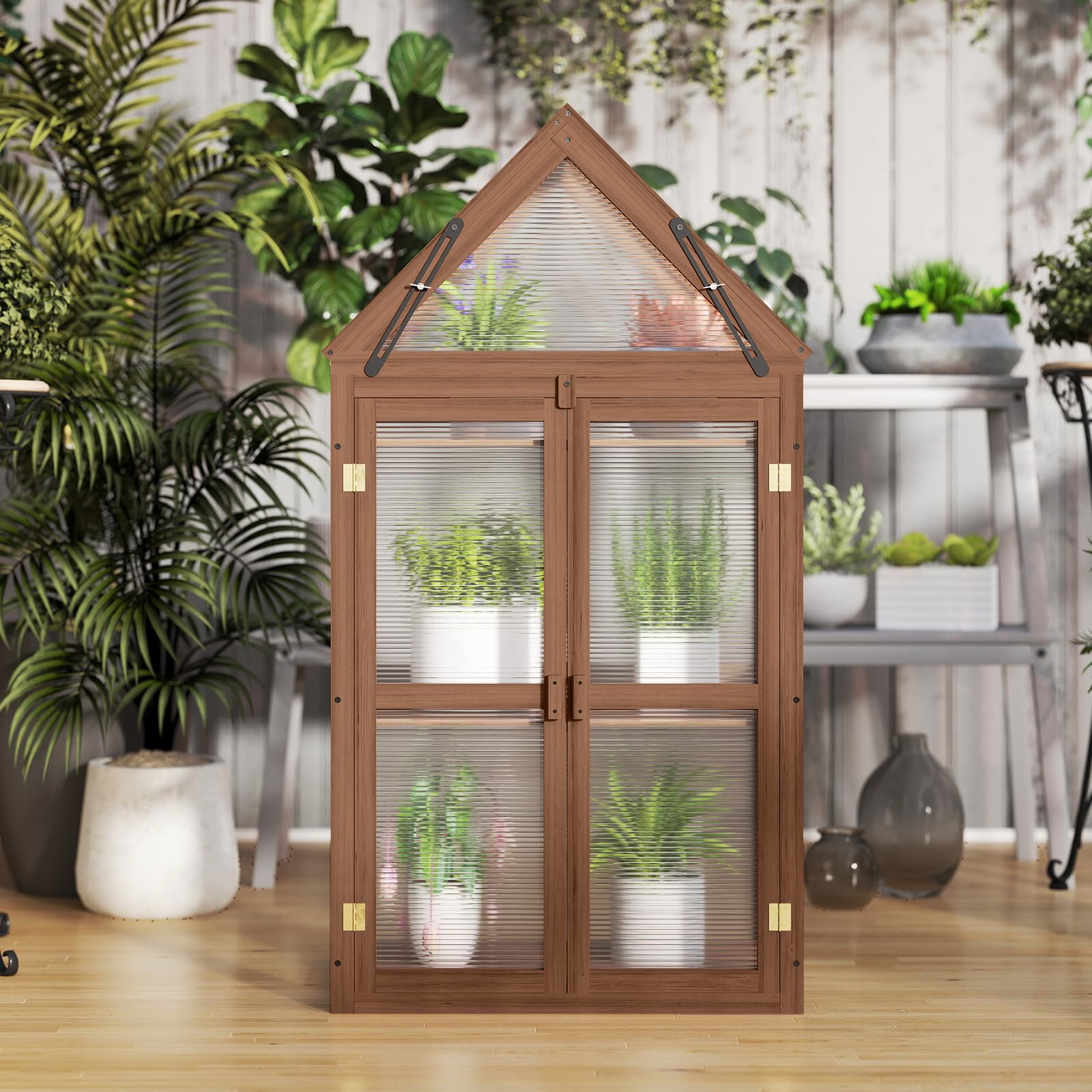 GOPLUS Mini Gewächshaus, 3-stöckiges Anzuchthaus, Treibhaus Holz, erhöhtes Pflanzenbeet mit transparentem Doppeltüren & aufklappbarem Dach, Frühbeet Tomatenhaus Aufzuchtschrank für Garten, Hof, Balkon