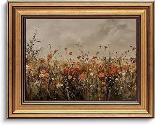Devunaty Arte de pared enmarcado en oro, arte de pared vintage con flores para sala de estar, campo de flores silvestres, paisaje, decoración de pared, pintura, pintura rústica, impresión de granja