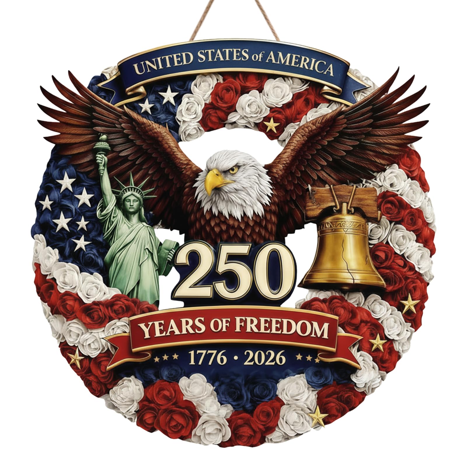 Photo 1 of 16" Large Patriotic Wreath Door Sign for Front Door, 250th Anniversary 1776–2026 Wooden Door Hanger Wall Plaque, Big 250 Number Bald Eagle & Liberty Bell Decor, Independence Day 4th of July Wall Hanging (Design 02)