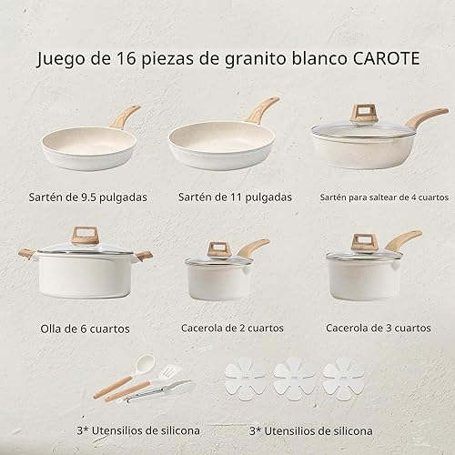Miniatura 2 de CAROTE - Juego de 16 piezas de ollas y sartenes antiadherentes, juego de batería de cocina de granito blanco, juego de cocina antiadherente con